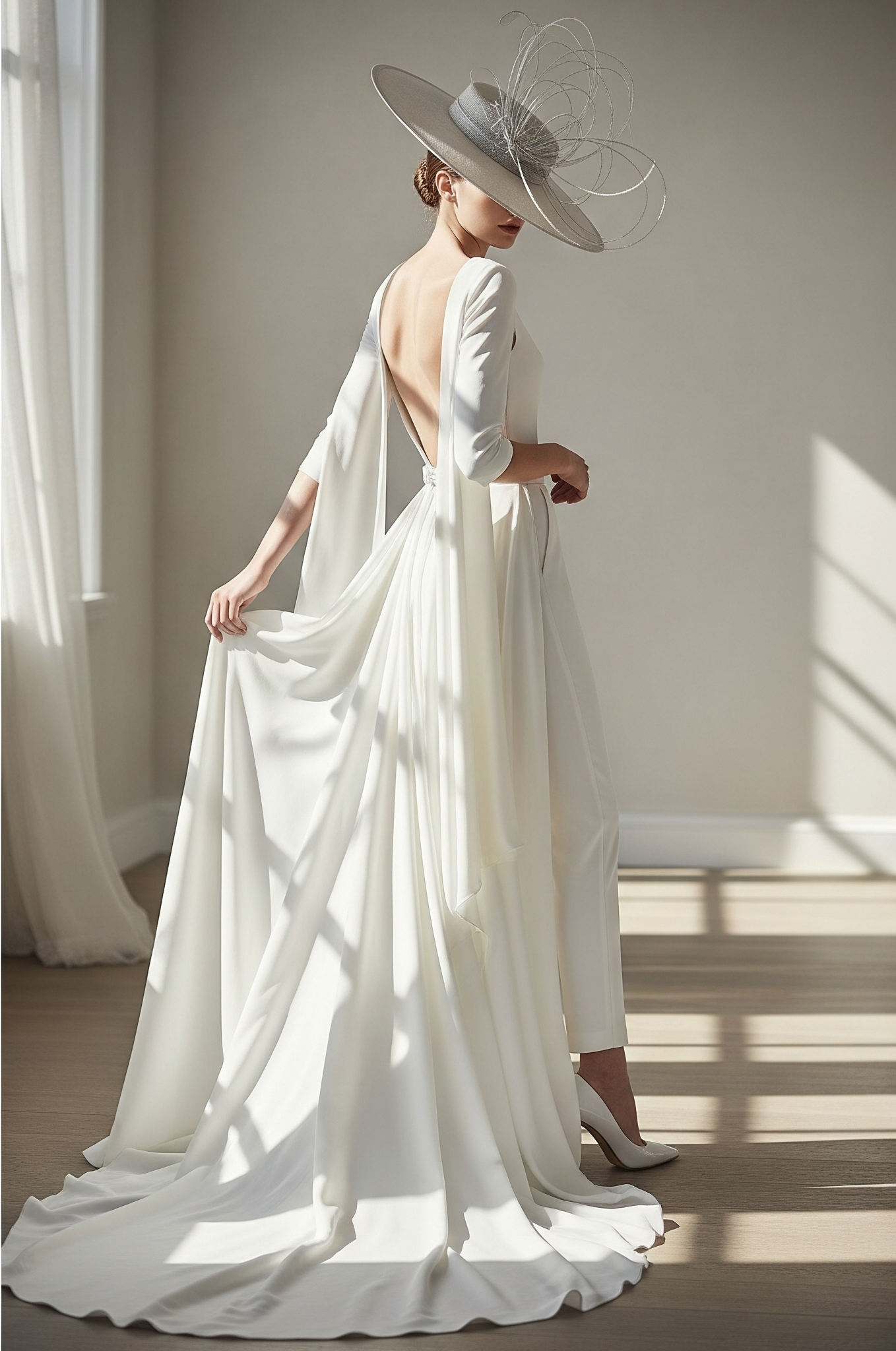 A woman in a white dress with a long train, wearing a large, elaborate gray hat with decorative loops, standing in a bright room with sunlight streaming through windows, creating shadows on the wooden floor.