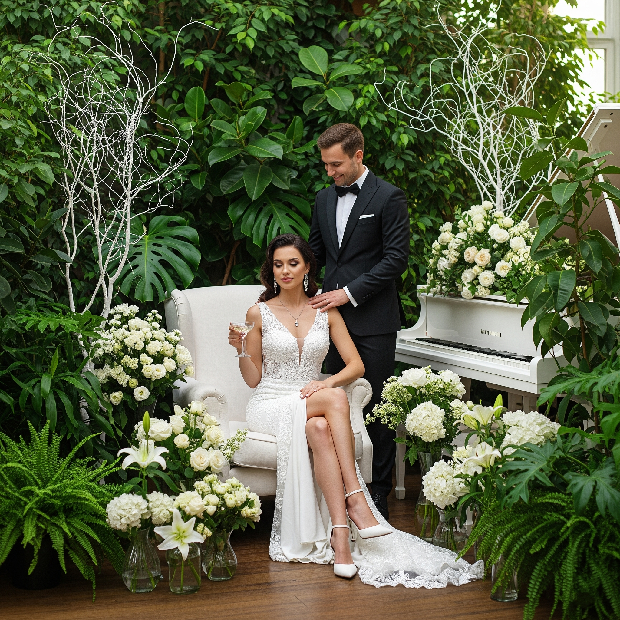 A bride and groom at their wedding ceremony surrounded by white flowers and green foliage, with a white grand piano in the background.