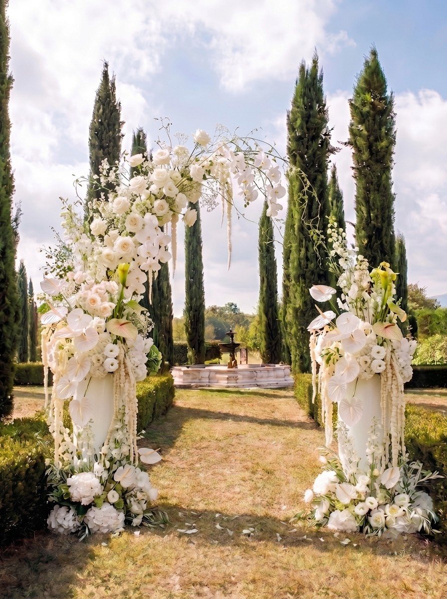 Outdoor wedding arch decorated with white flowers, surrounded by tall cypress trees and a fountain in the background.