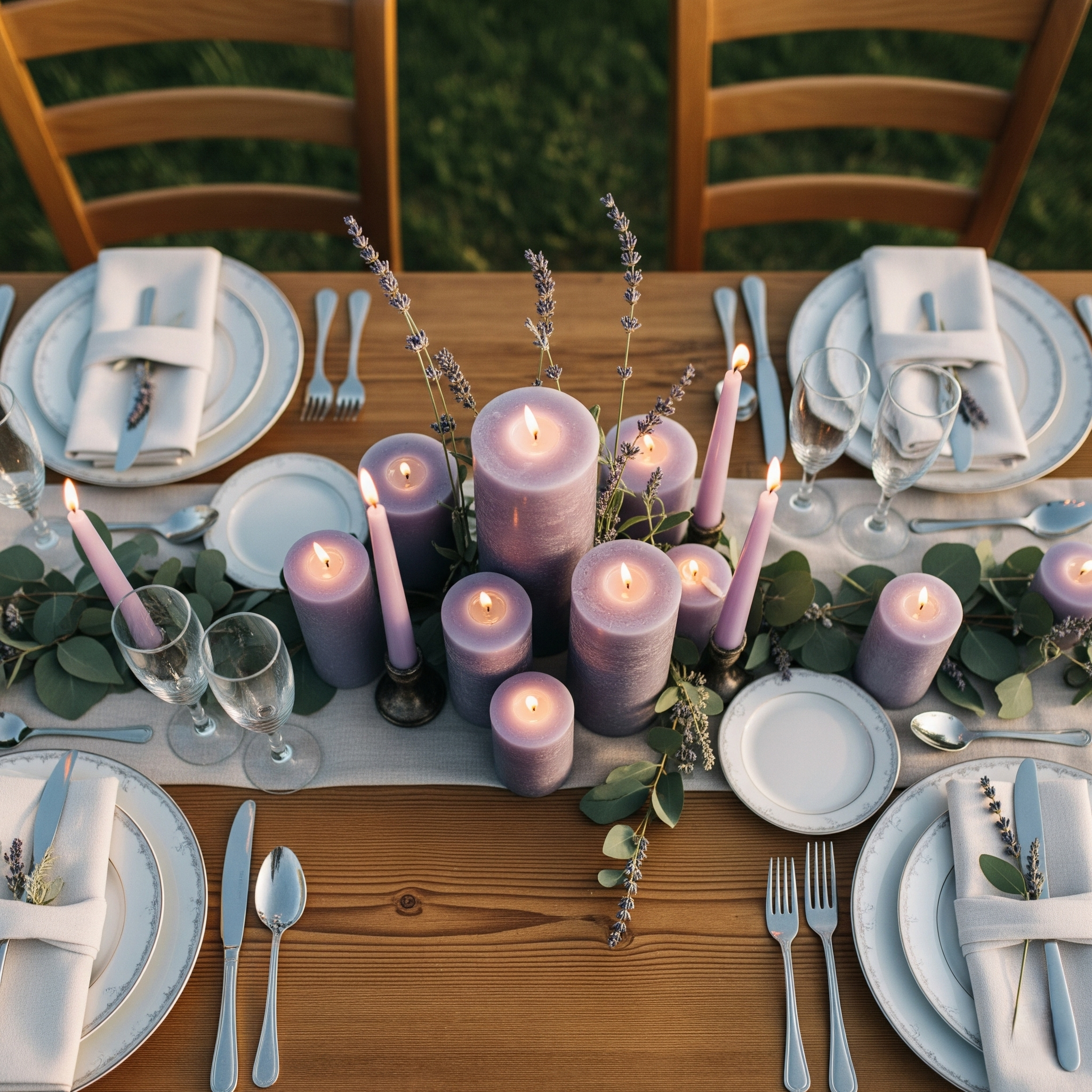 Table set for a meal with white plates, silverware, napkins, clear glasses, purple candles, and lavender flowers, on a wooden table with greenery background.