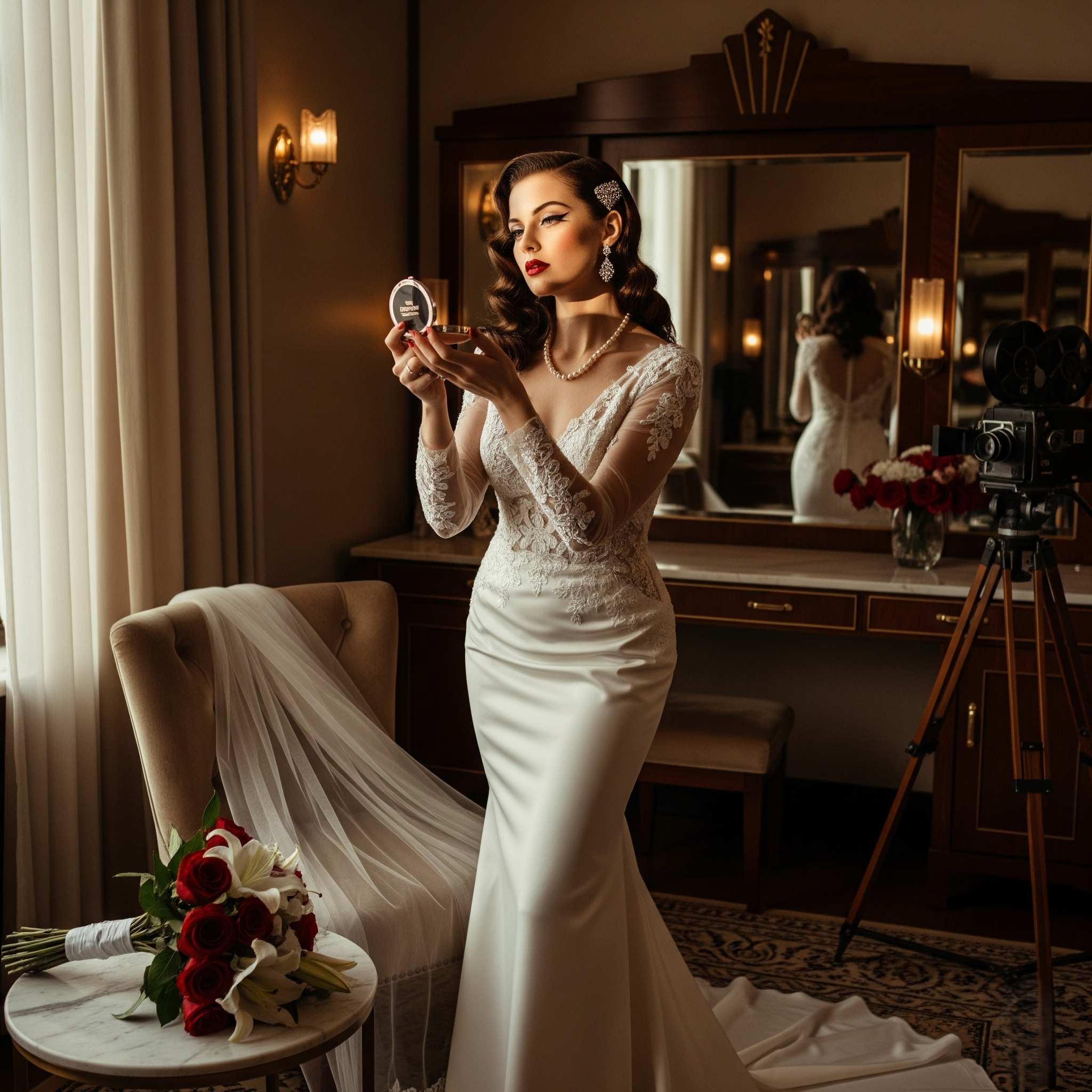 A woman in a wedding dress with vintage hairstyle and jewelry looking in a mirror in a hotel room.