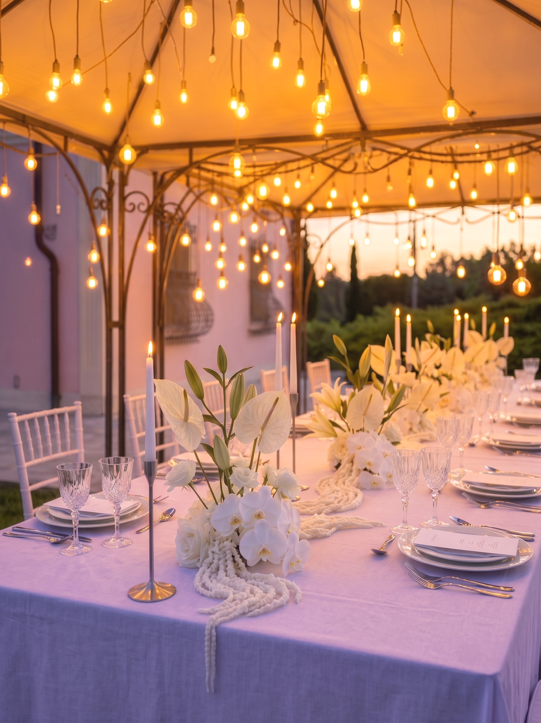 Elegant outdoor dinner table set with white plates, crystal glasses, and silverware, decorated with white lilies and candles, under a canopy with hanging Edison bulb string lights at sunset.