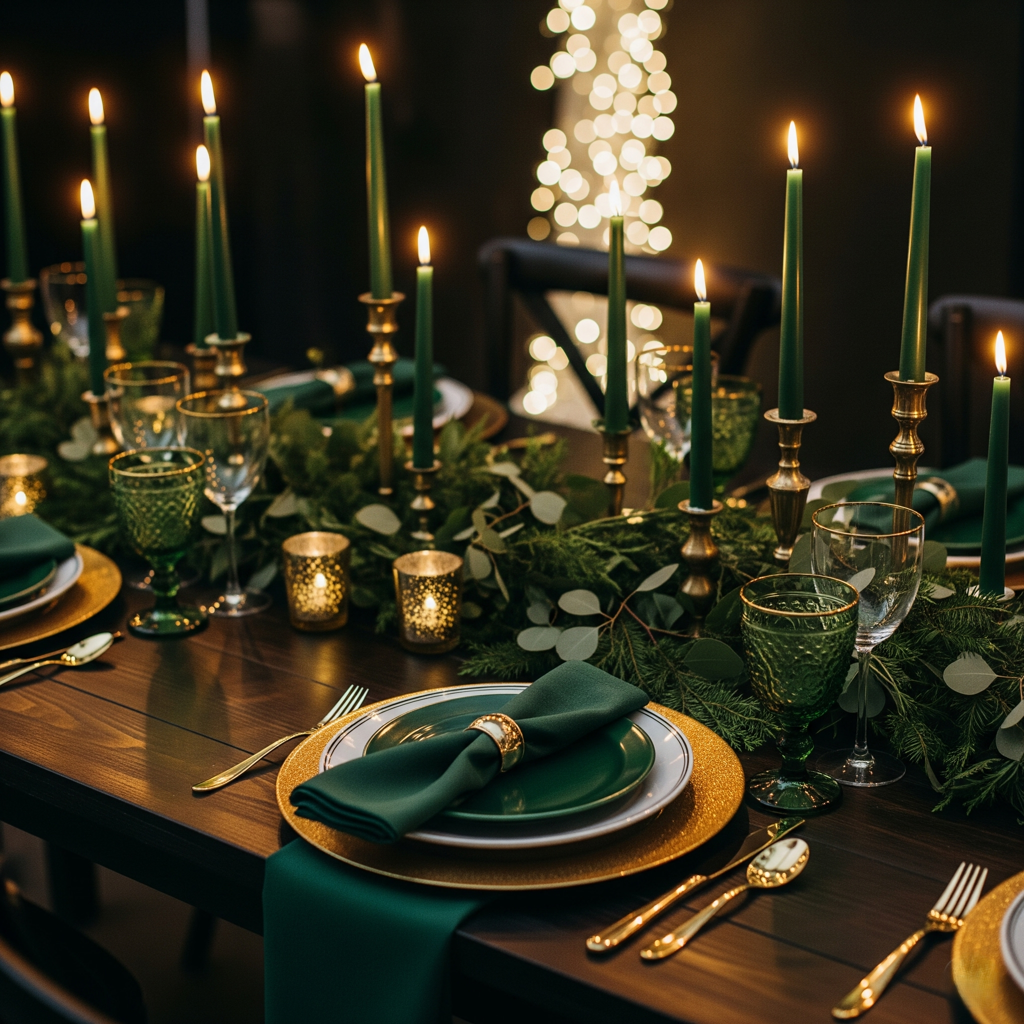 Decorated holiday table with green candles, gold accents, and a backdrop of bokeh string lights.