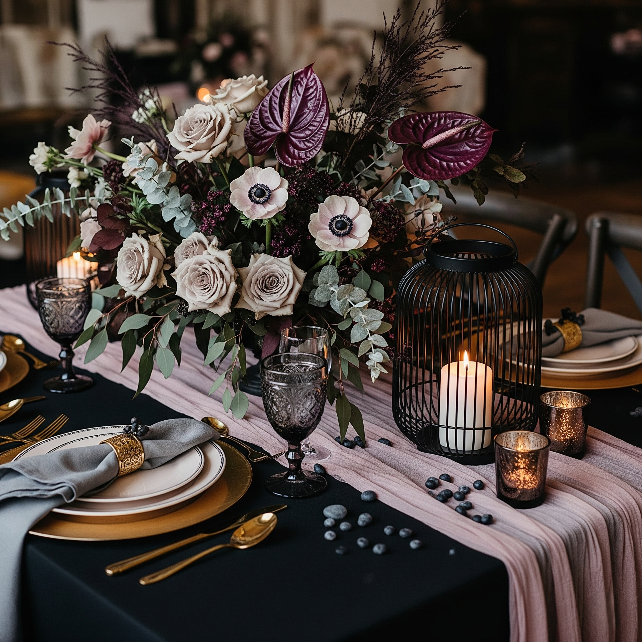 Elegant table setting with a floral centerpiece featuring white roses, purple anthuriums, and various greenery. Black and gold dishes, gray napkins with gold rings, black candles, and gold cutlery enhance the sophisticated look. A pink table runner and candles add warmth to the dark table.