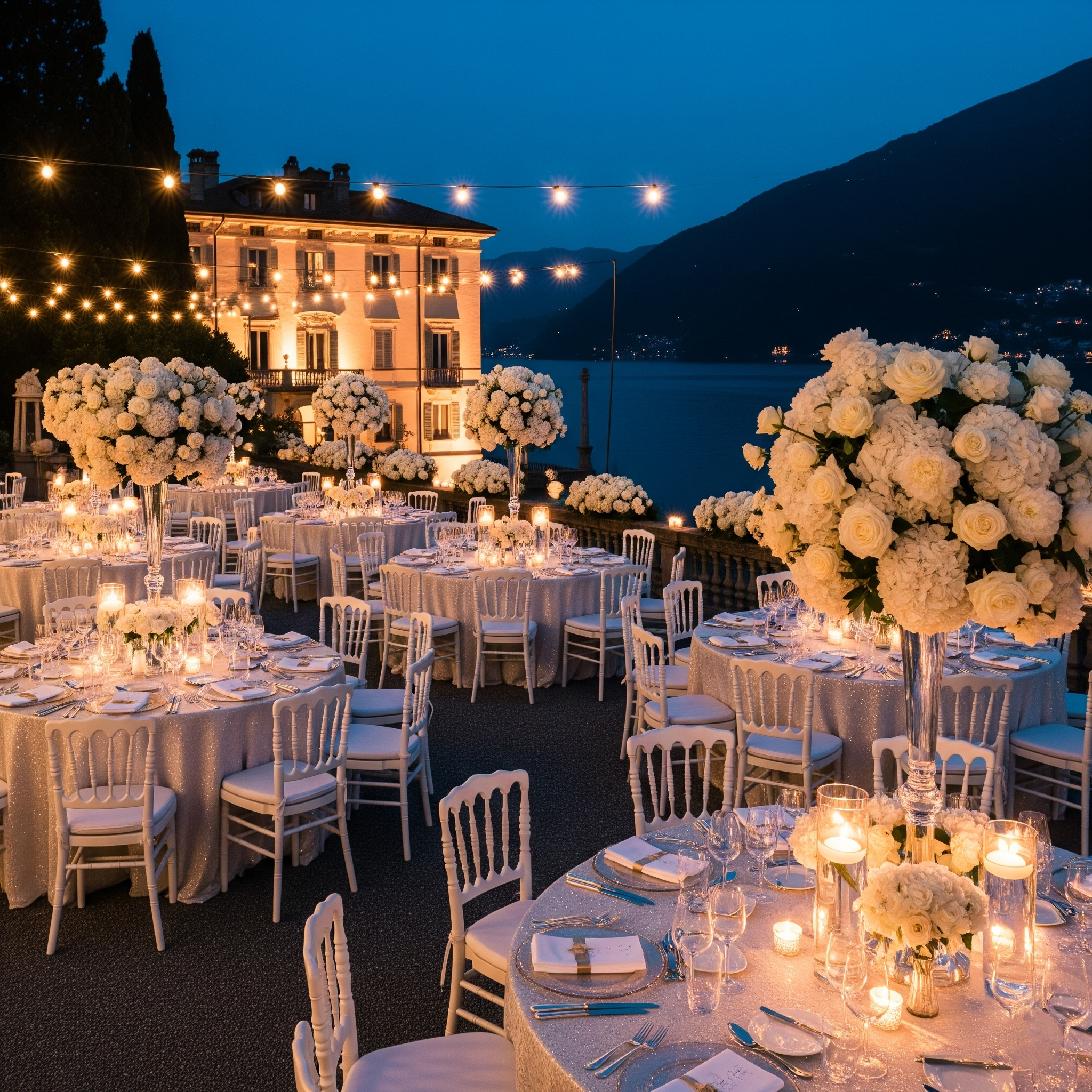 A lakeside at dusk with a decorated event space including white floral arrangements, candles, and elegant place settings under string lights, with mountains and water in the background.