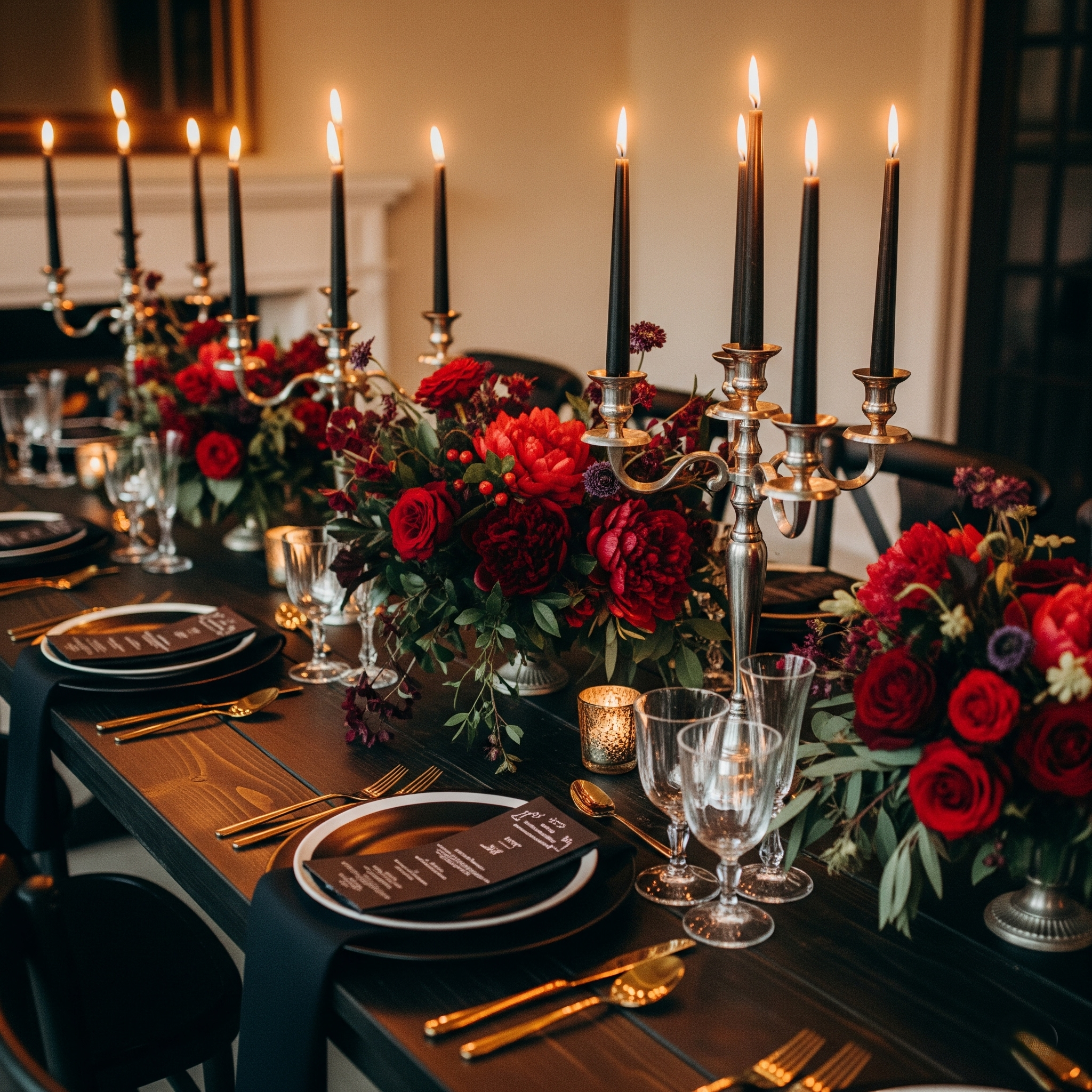 A dining table decorated with a large floral centerpiece of red and purple flowers, surrounded by gold-colored candle holders with tall black candles, lit and casting warm light, set with black and gold dinnerware and utensils.