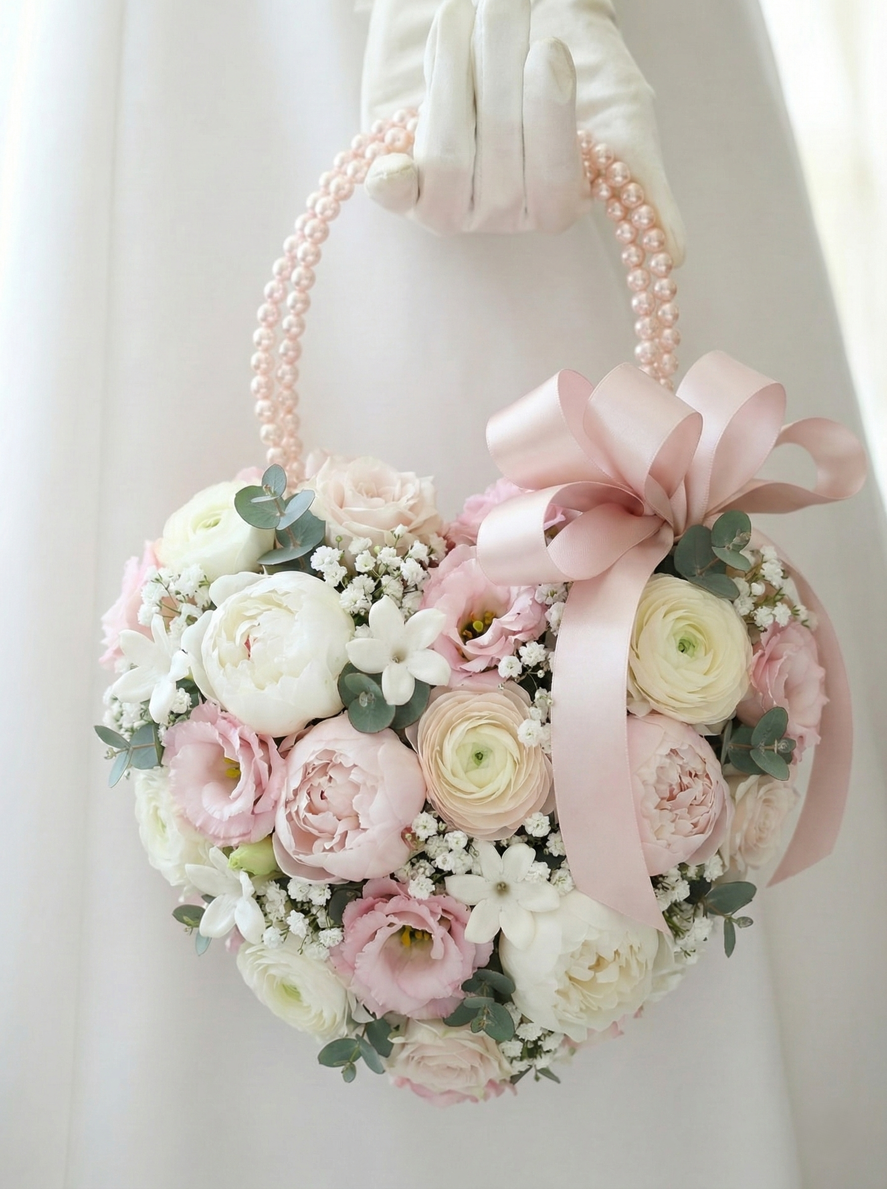 A floral arrangement with pink and white roses, carnations, and other flowers, decorated with a pink ribbon bow and a pearl necklace, on a white background.