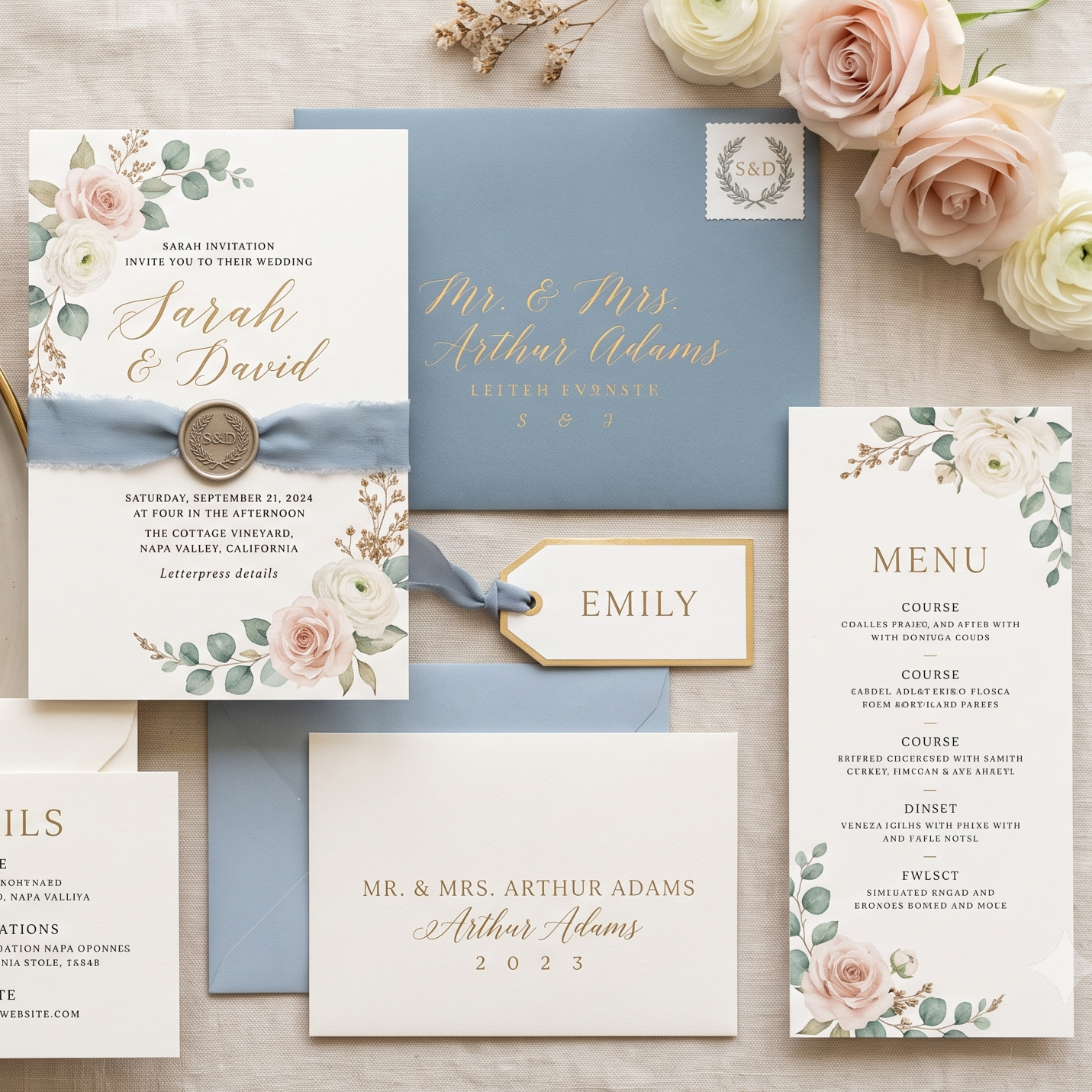 A wedding invitation suite with floral accents, including a main invitation card, an RSVP card, a menu, a name tag labeled Emily, and an envelope for Mr. & Mrs. Arthur Adams, all featuring pastel roses and greenery.