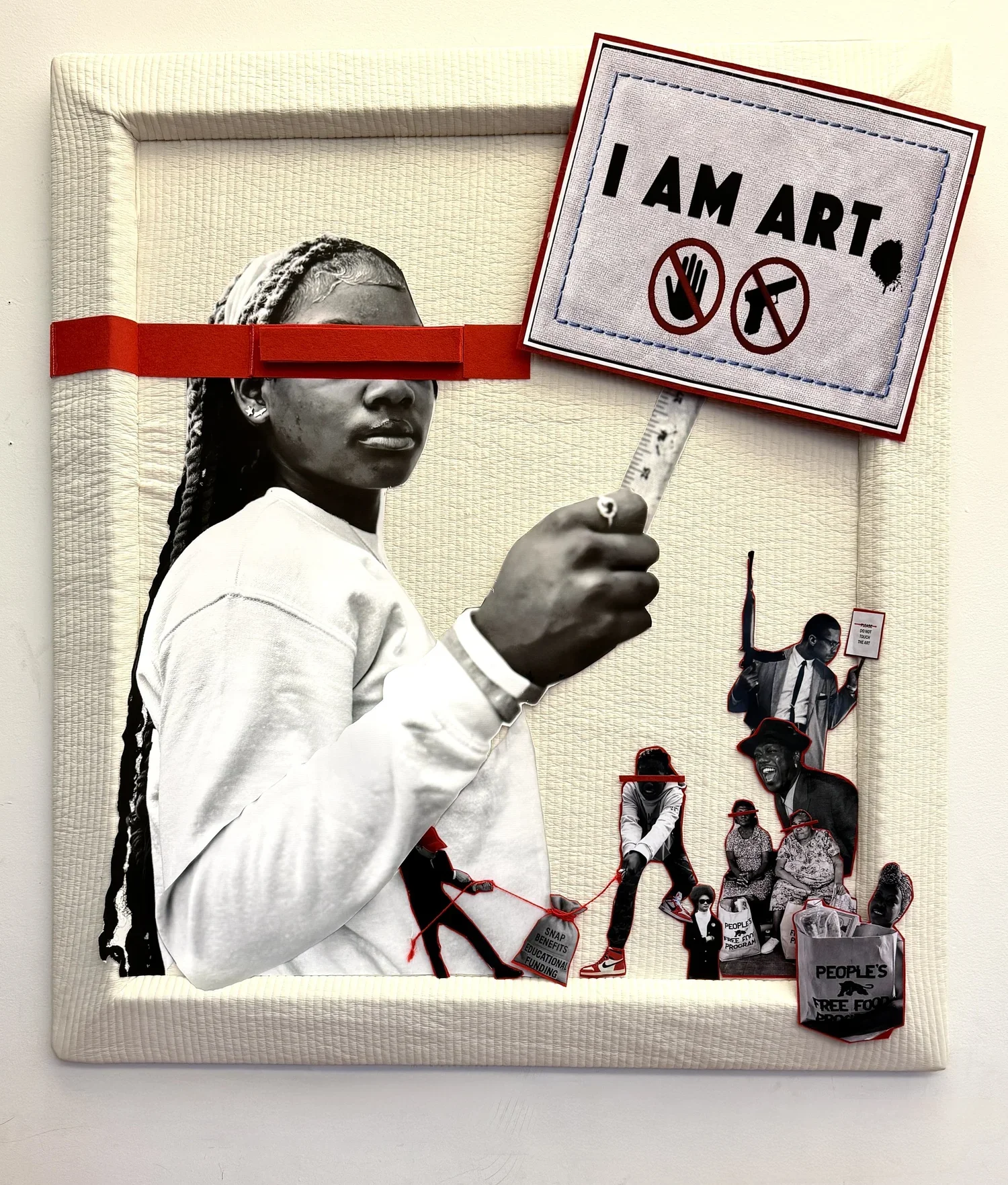 Mixed media collage featuring black and white photographs of protesters and activists, with red outline accents, and a sign that says "I AM ART" with protest symbols, on a light background.