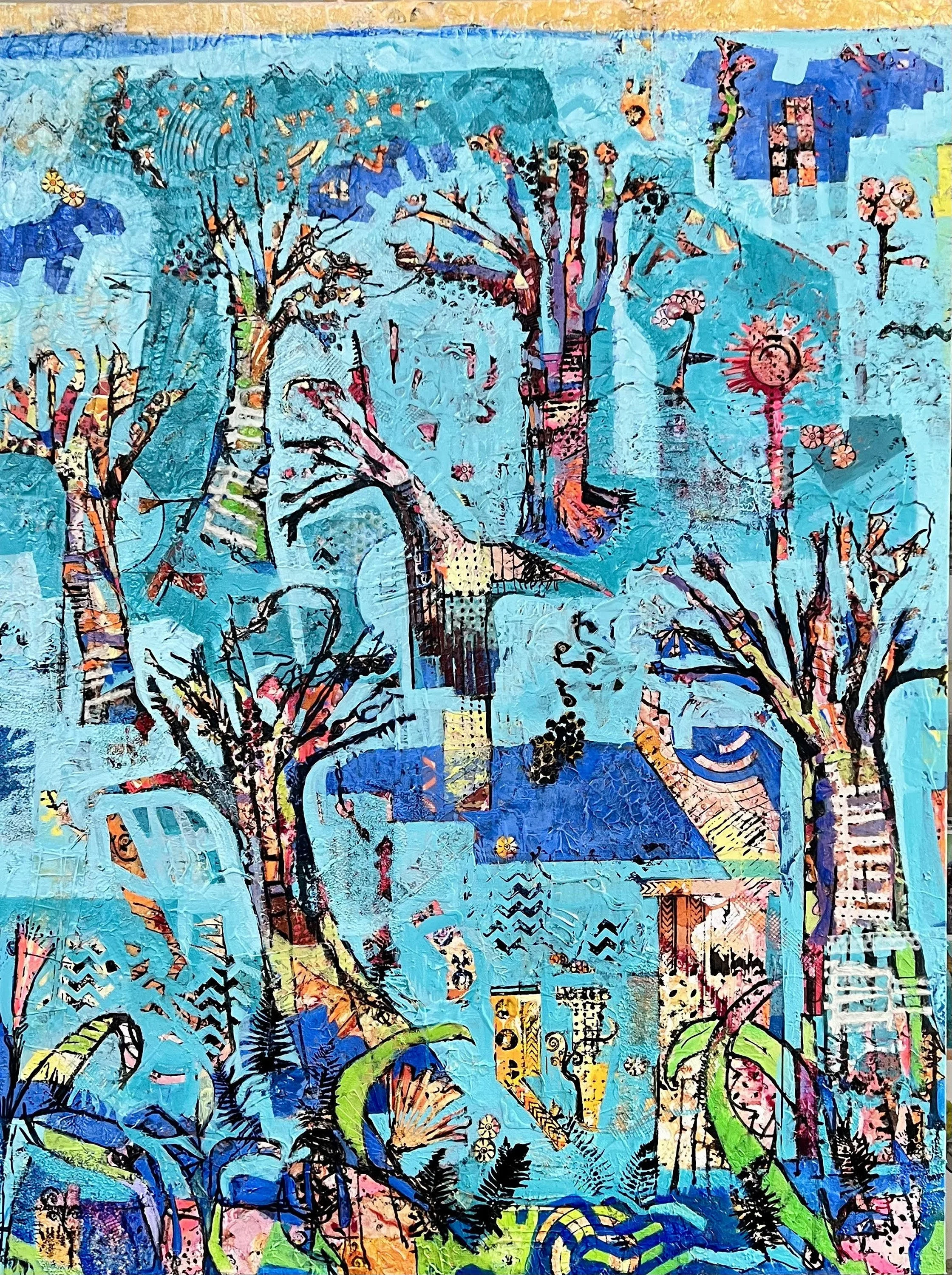 Abstract painting with a prominent large tree in the center, painted with colorful strokes on a bright blue background. There are various other plant forms, flowers, and geometric shapes in vibrant colors surrounding the tree, creating a lively and dynamic scene.
