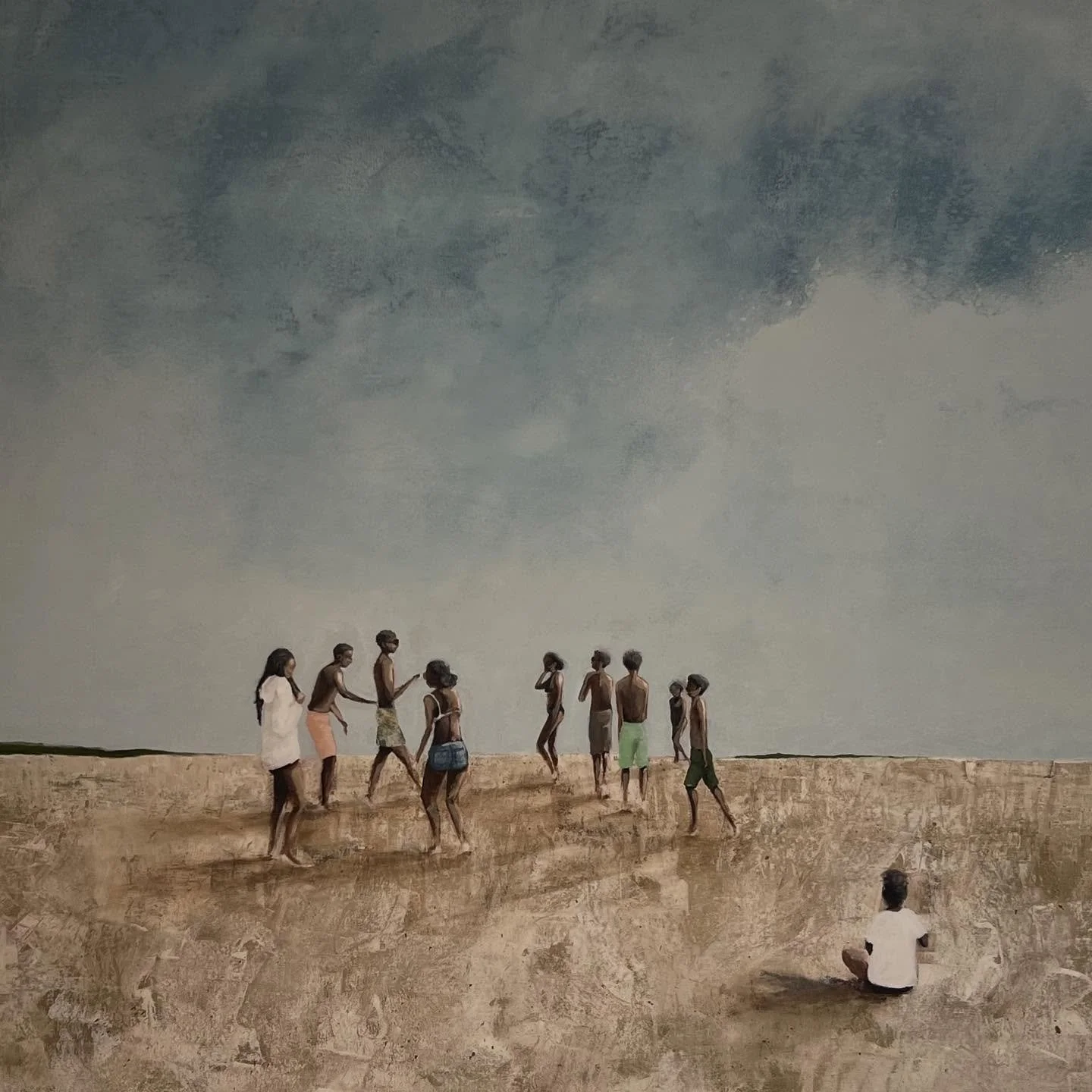 Painting of people on a beach with a cloudy sky.