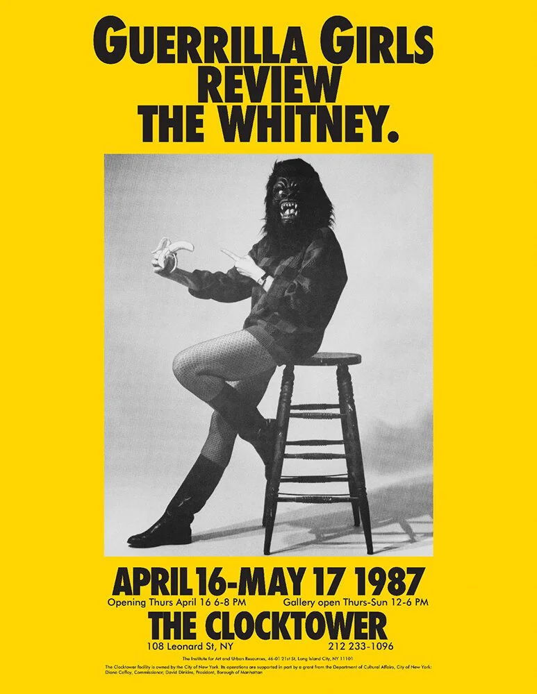 A promotional poster with a yellow background advertising a review event by Guerrilla Girls for Whitney. It features a black-and-white photo of a person with a gorilla mask, sitting on a stool, holding a banana, and pointing, with text details about the event at The Clocktower.