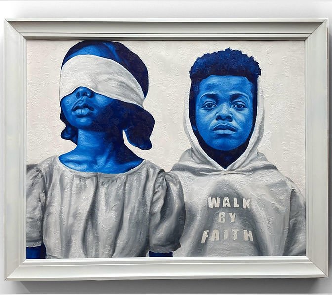 Painting of two children with blue skin tones, one girl with a blindfold over her eyes and wearing a gray dress, and a boy with curly hair wearing a hoodie with the words "Walk by Faith."