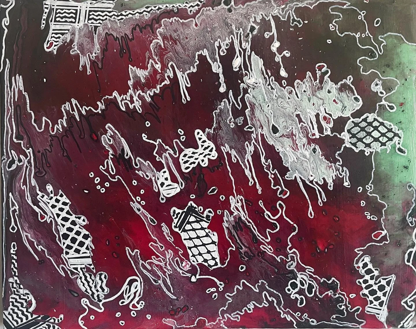 Abstract painting with red, white, black, and green colors, featuring drips, splashes, and geometric patterns.