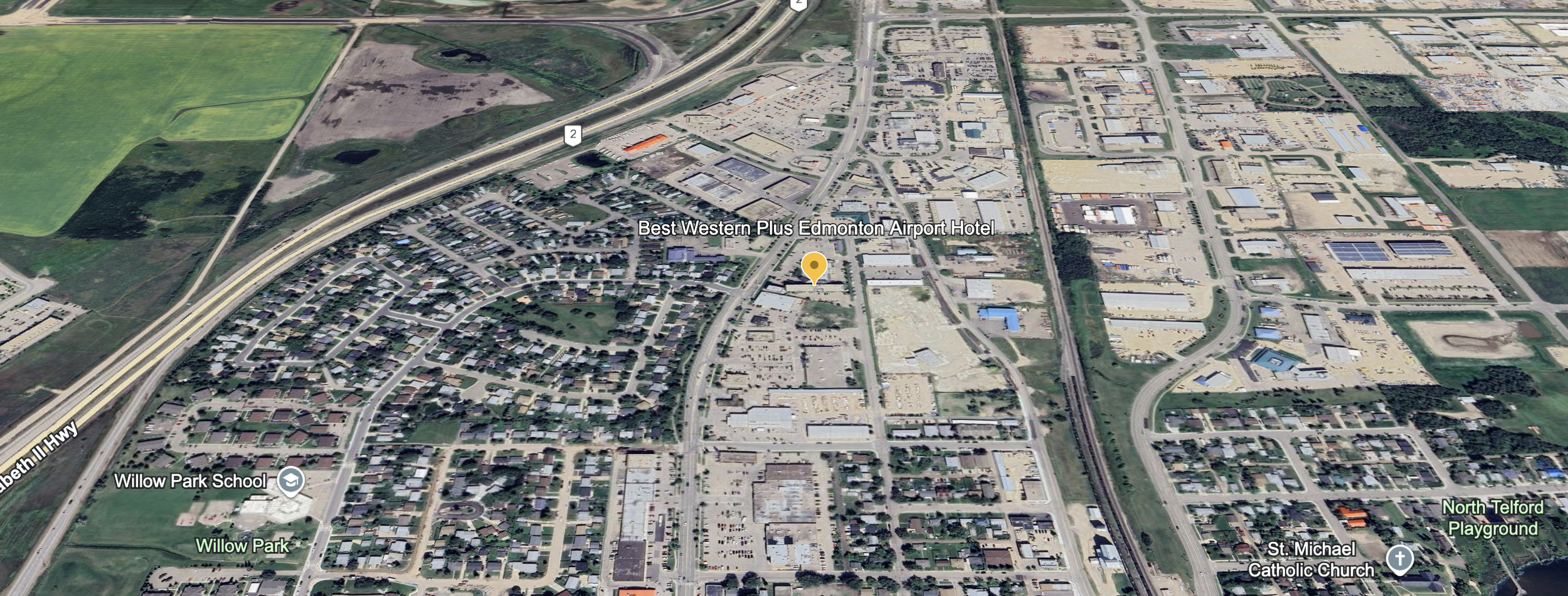 arial view of Leduc with a location pin on Best Western Plus Airport Hotel
