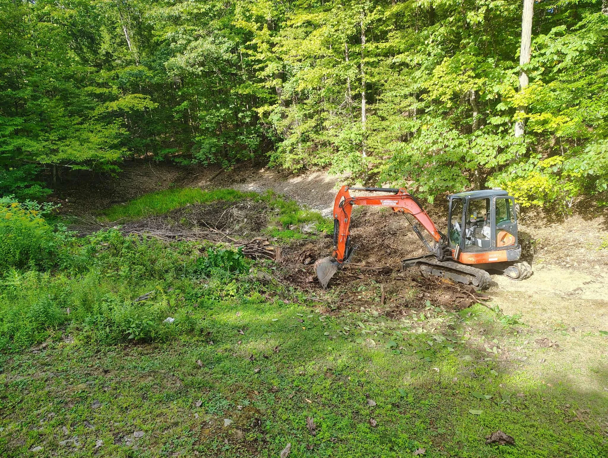 A small construction excavator digging in a wooded area surrounded by green trees and grass.