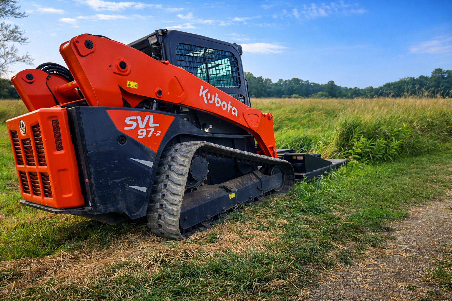 A Kubota SVL 97-Z compact tracked loader working on a grassy field with a clear blue sky in the background.