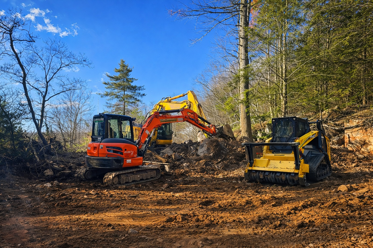 Construction site in a forest with two excavators, one orange and one yellow, working on the soil amidst trees under a blue sky.