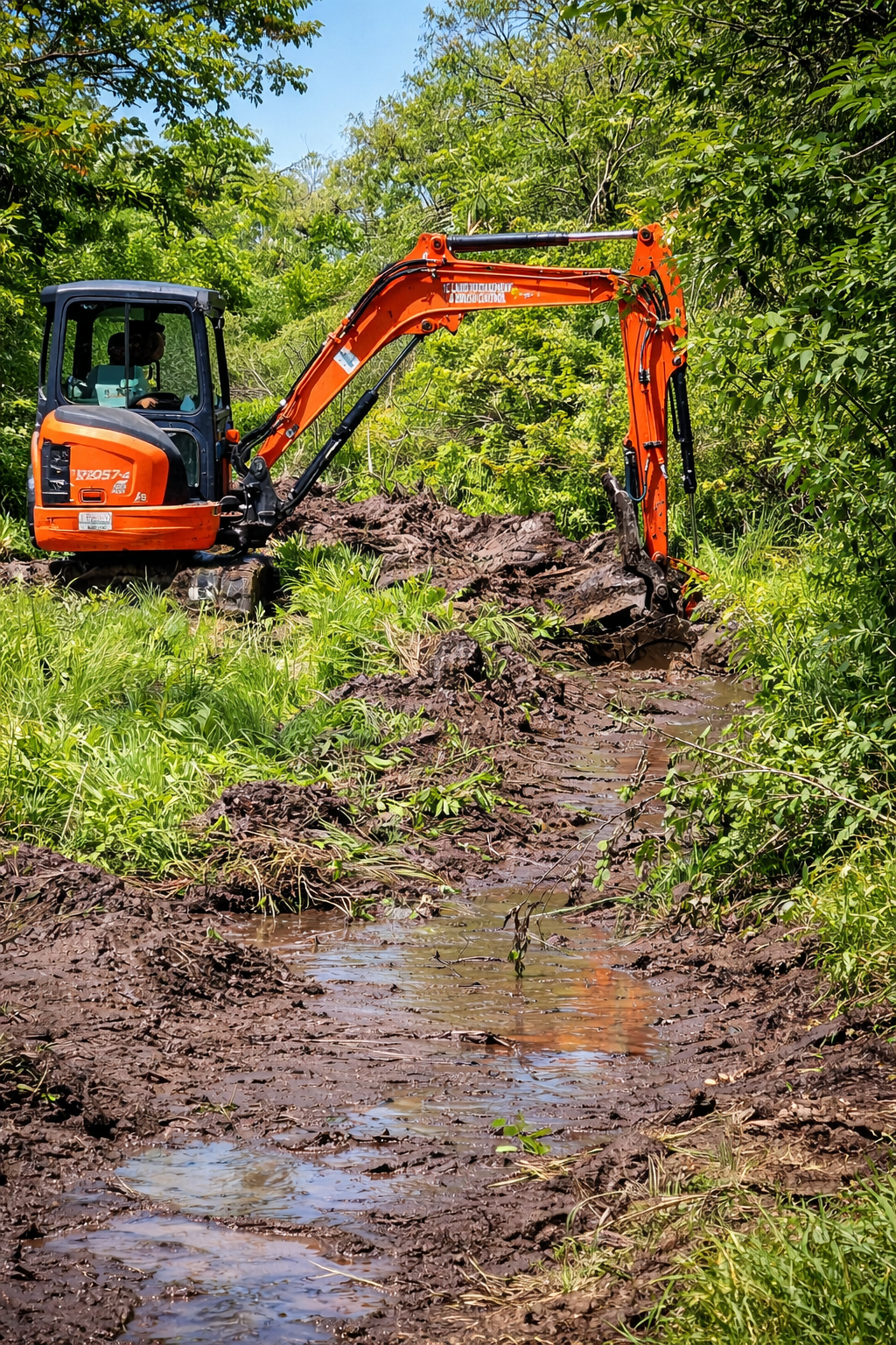 An orange excavator working on a muddy creek in a green forested area during daytime.