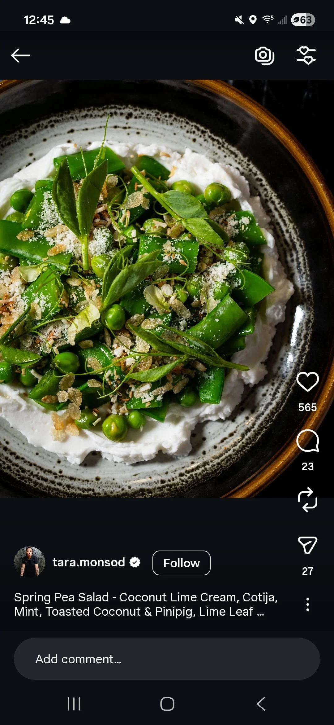 Spring Pea Salad with coconut lime cream, cotija cheese, mint, toasted coconut, pine nuts, and lime leaf on a bed of creamy base