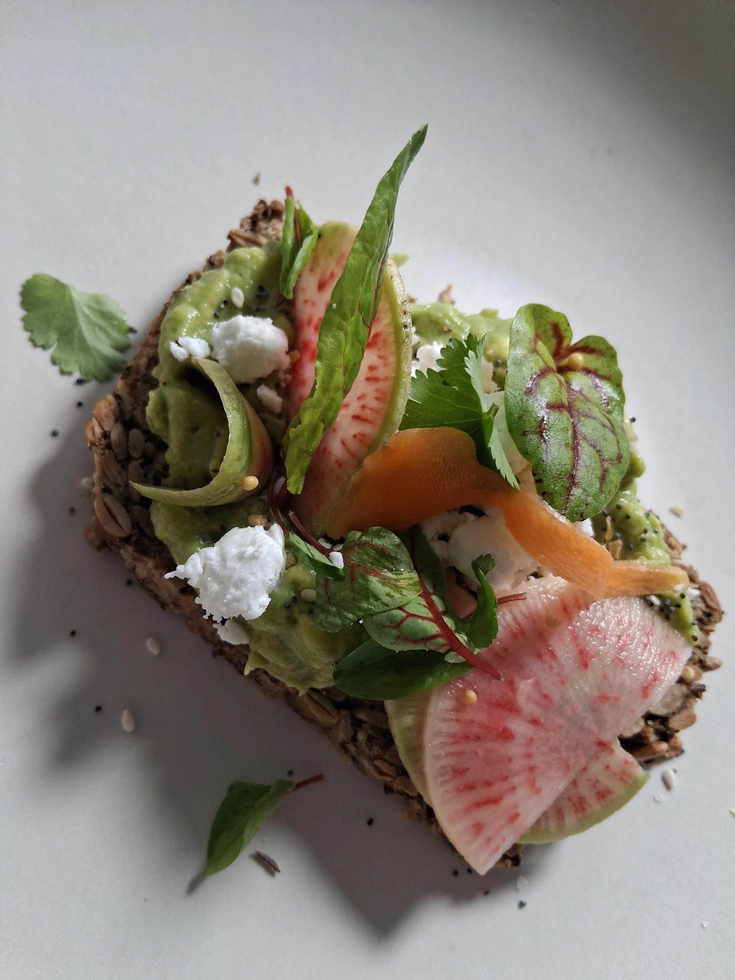 Salad served on a slice of bread with various greens, sliced radish, crumbles of cheese, and seeds.