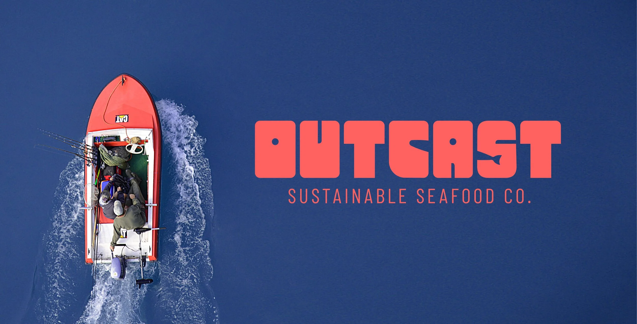 outcast sustainable seafood company branding and logo design mockup featuring bold logo with a hidden fish
