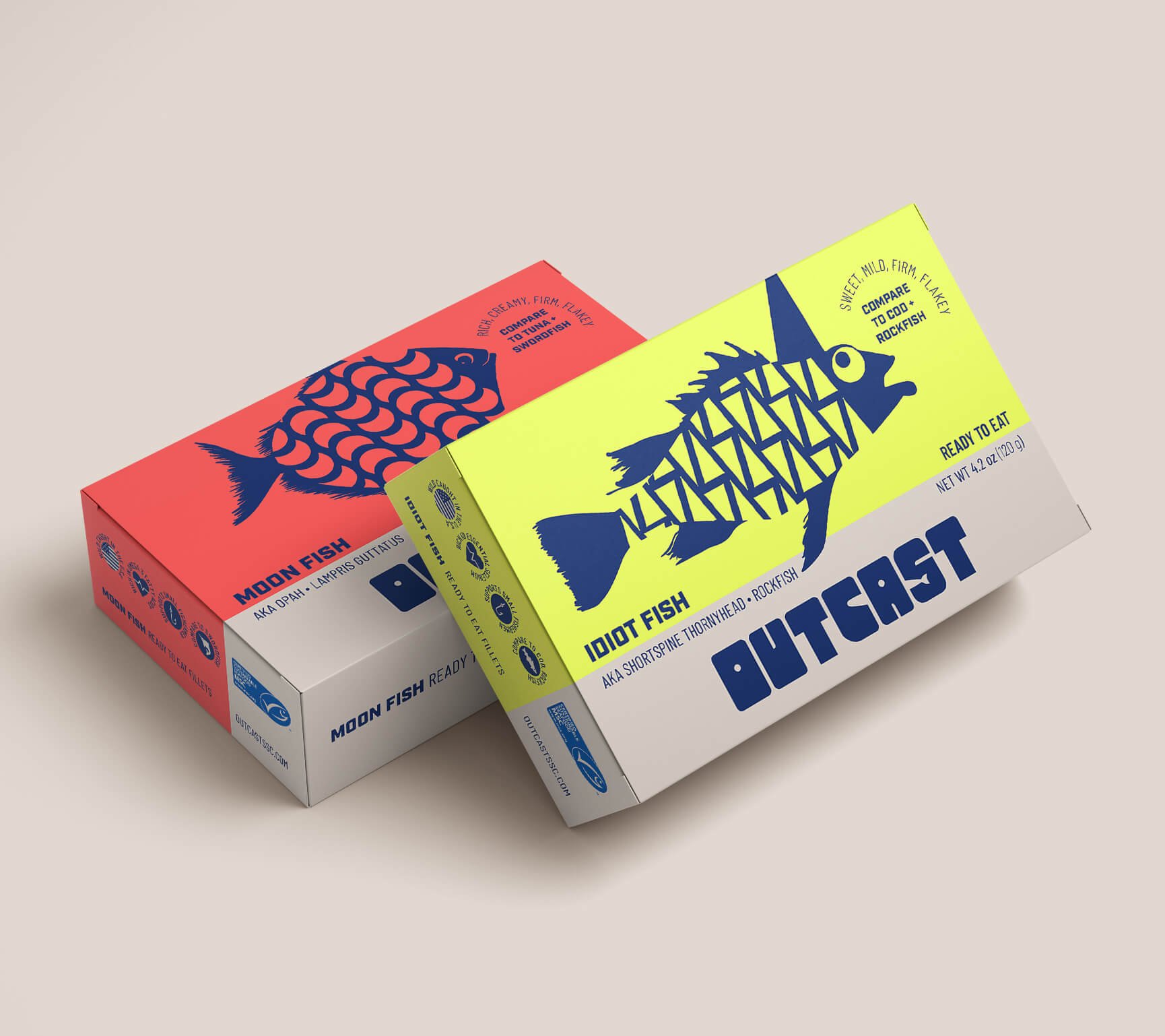 Outcast sustainable canned seafood fish packaging mock up cardboard outer packaging.