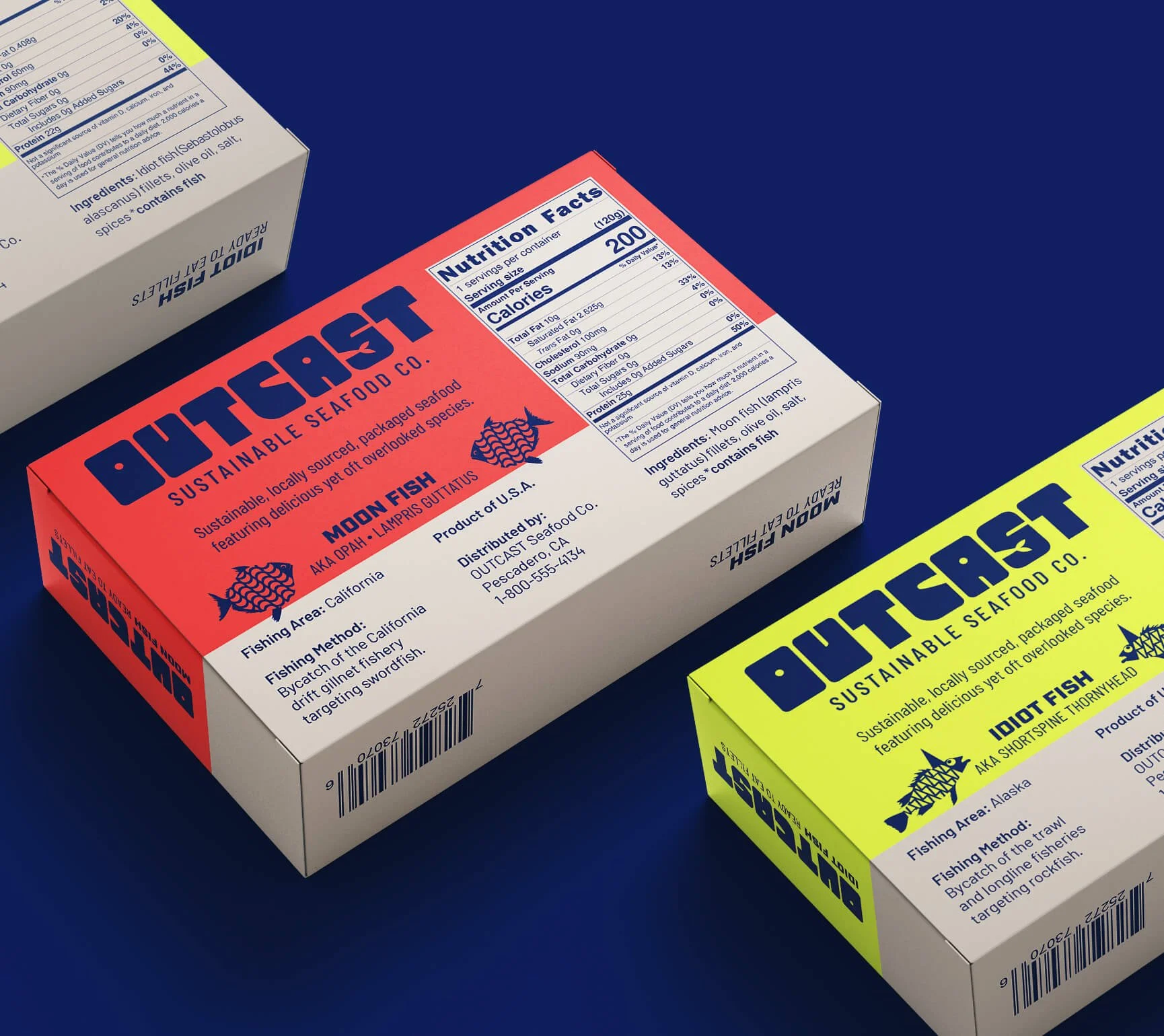 Outcast sustainable canned seafood fish packaging mock up cardboard outer packaging, showing back panels with detailed packaging design.