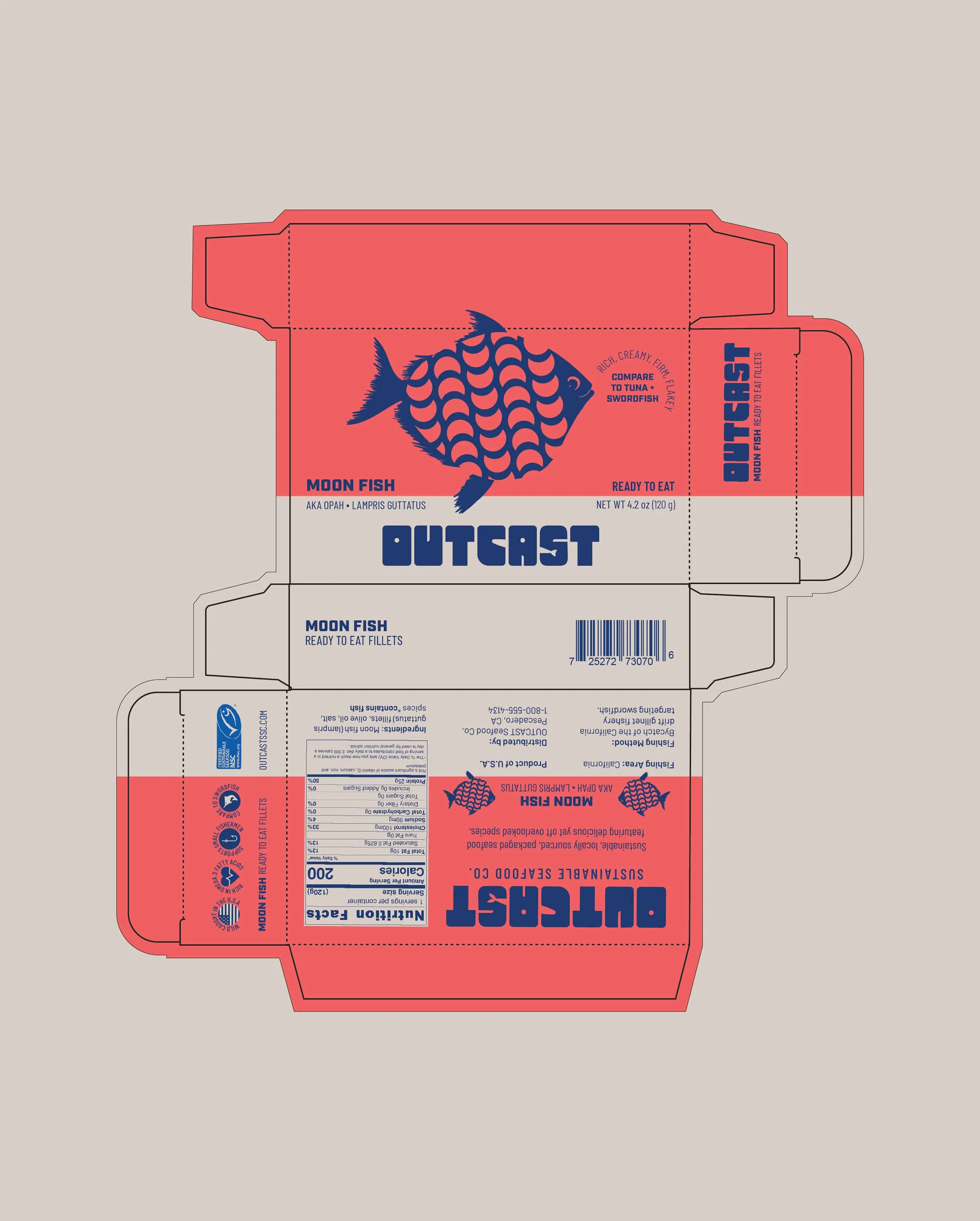 packaging dieline layout for outcast sustainable canned seafood outer cardboard packaging moon fish