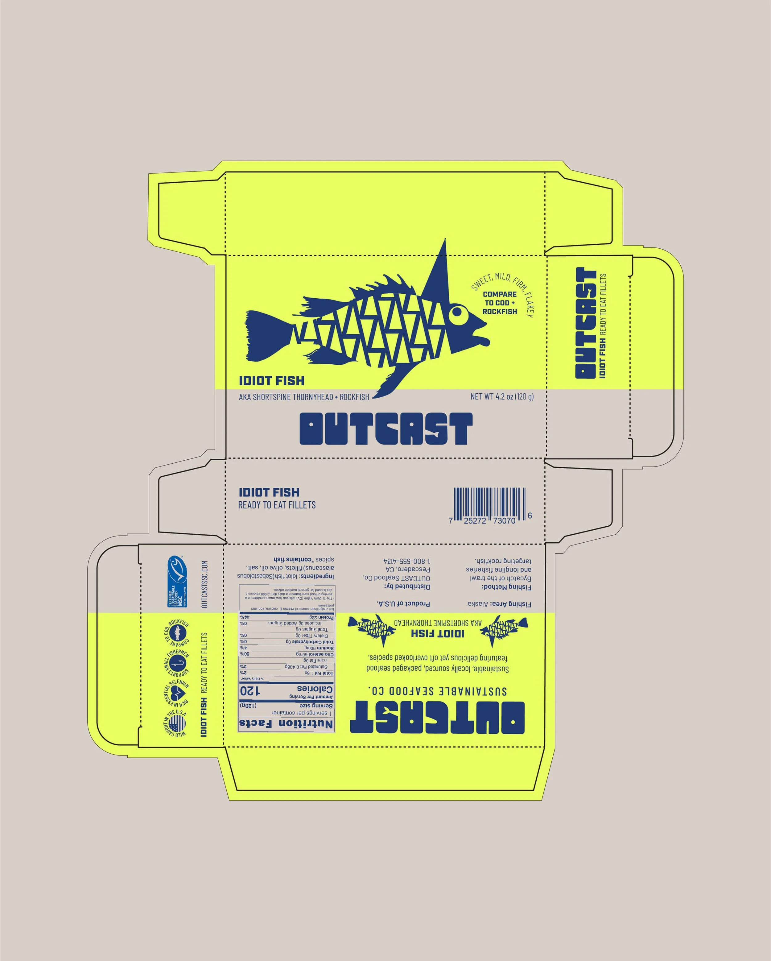 packaging dieline layout for outcast sustainable canned seafood outer cardboard packaging idiotfish