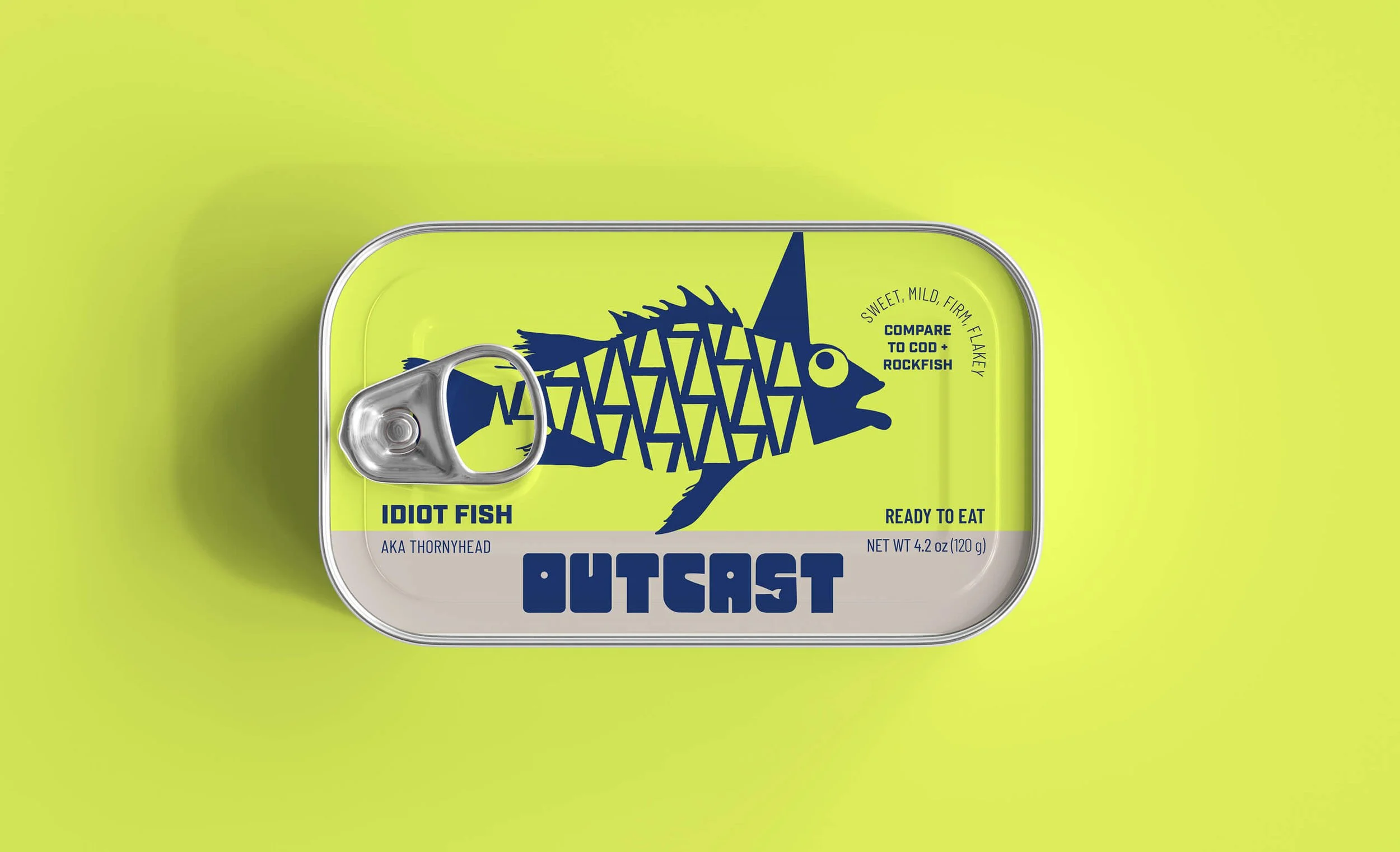 can packaging design mockup for outcast sustainable seafood idiot fish read to eat fillets