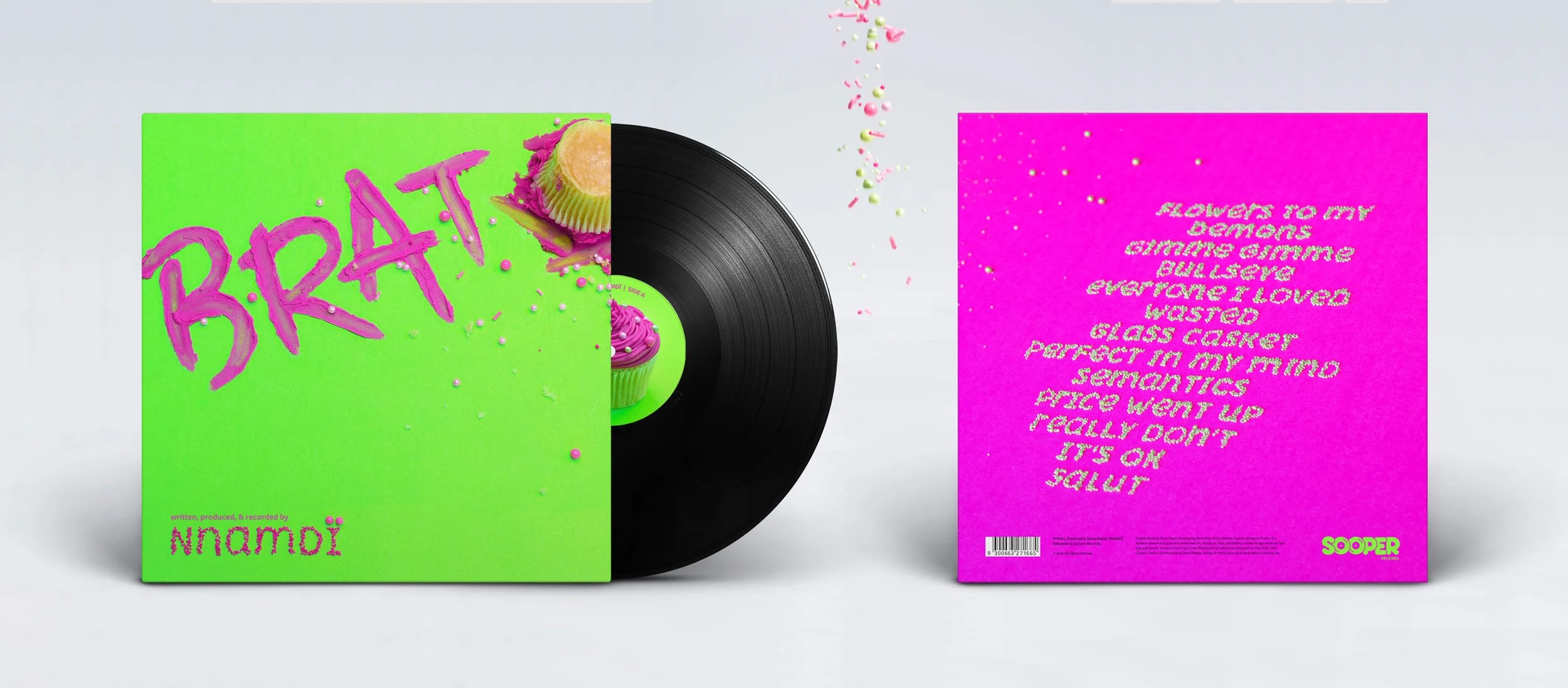 art directed album cover photo showing handmade frosting and sprinkle lettering with falling sprinkles