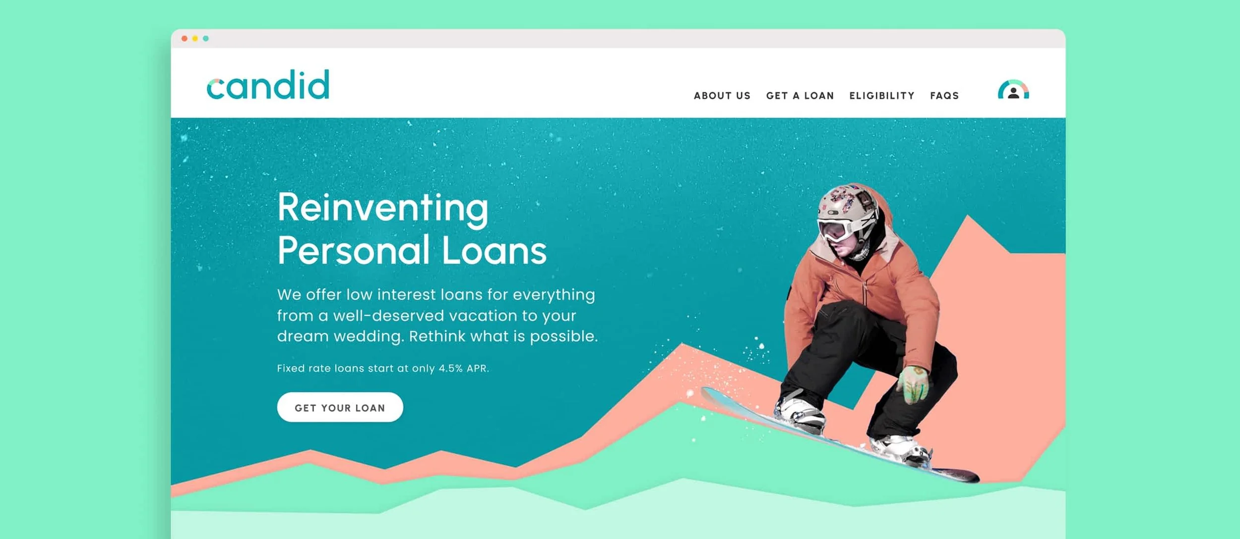 Hero desktop website mockup for candid personal finance brand featuring youthful colorful collage style illustration