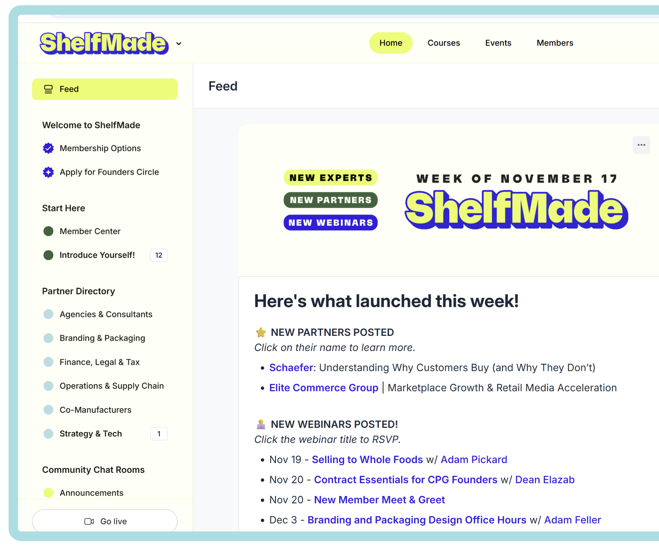 sample ui of the shelfmade community for cpg startup founders and service providers