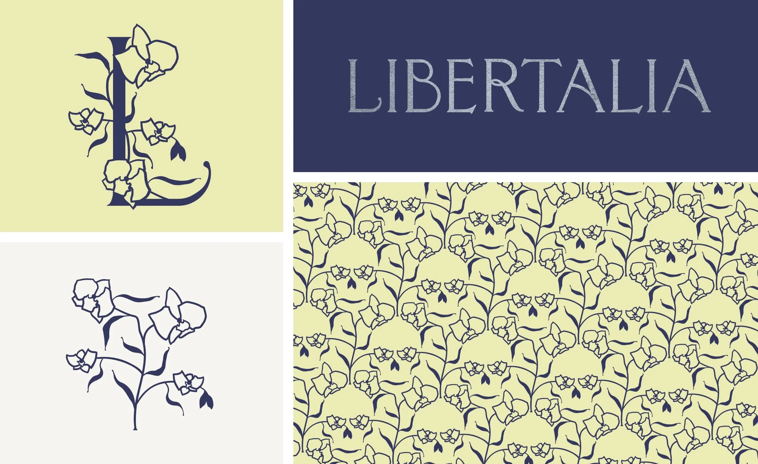 brand style board for luxury hotel brand libertalia showing key brand elements, monogram logo, logotype, and tesselated orchid illustration