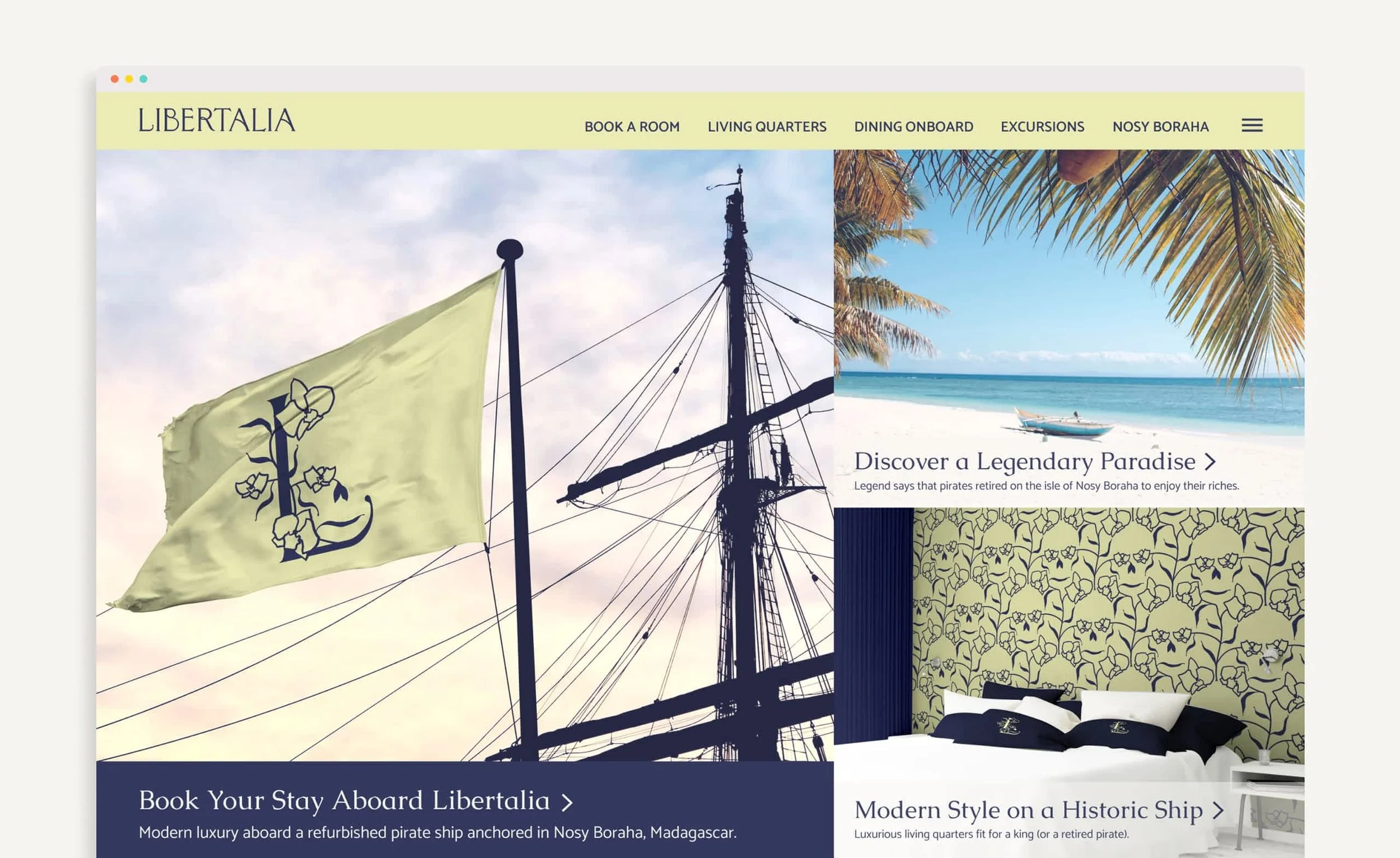 website mockup for luxury hotel brand libertalia