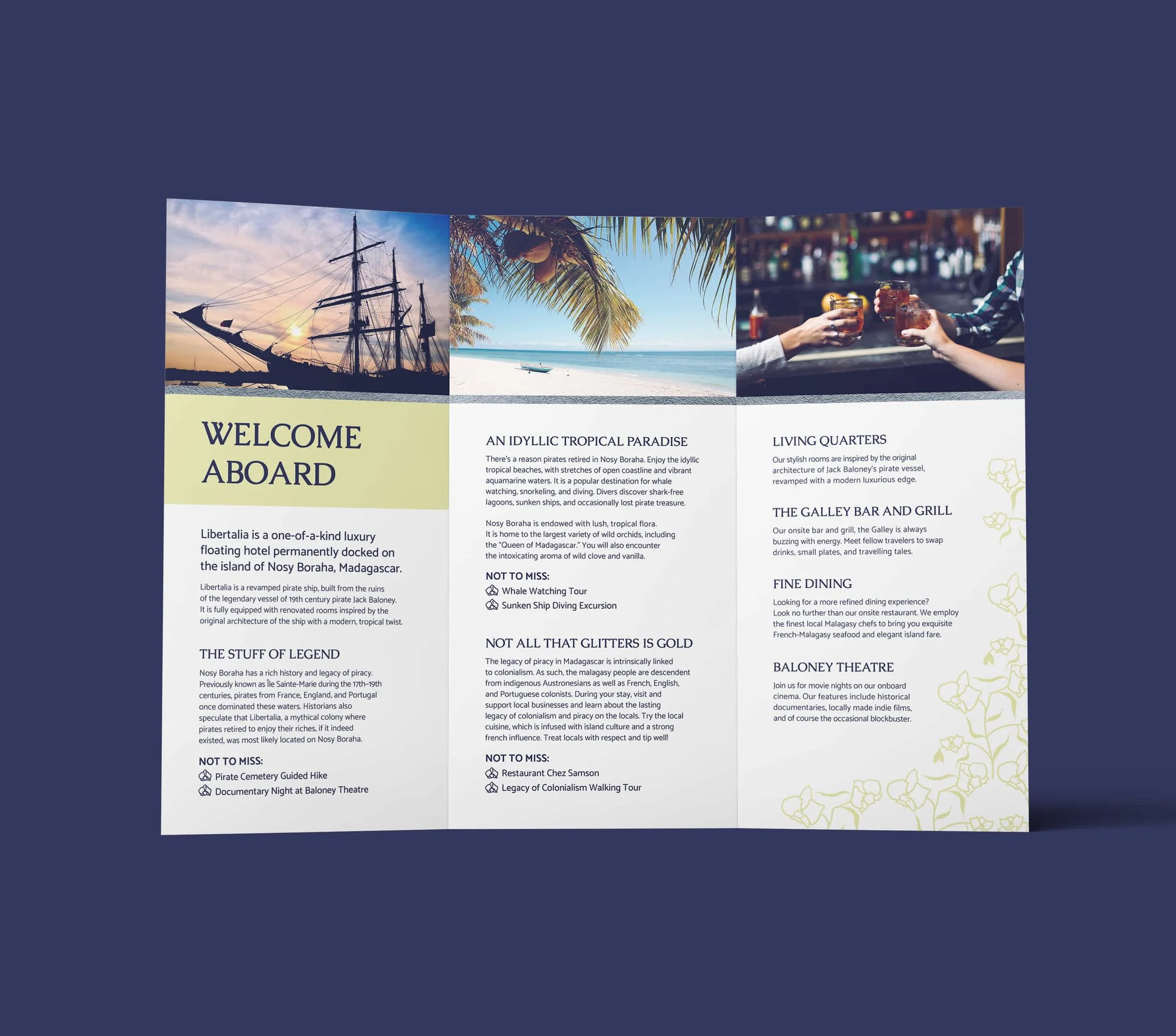 Trifold brochure interior pages for luxury hotel brand libertalia