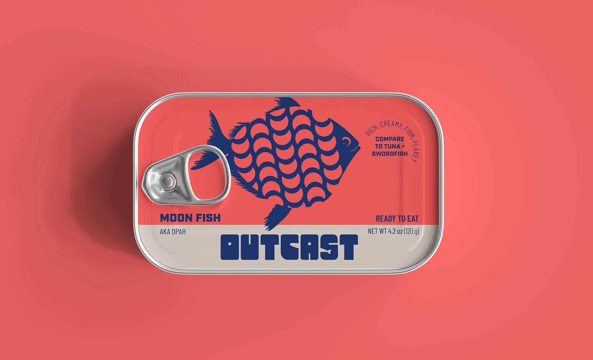 branding and packaging for outcast, a tinned seafood brand that features underutilized fish. Can features a bespoke logo with a fish hidden in the logo and a whimsical illustration of a moon fish including patterned moons.