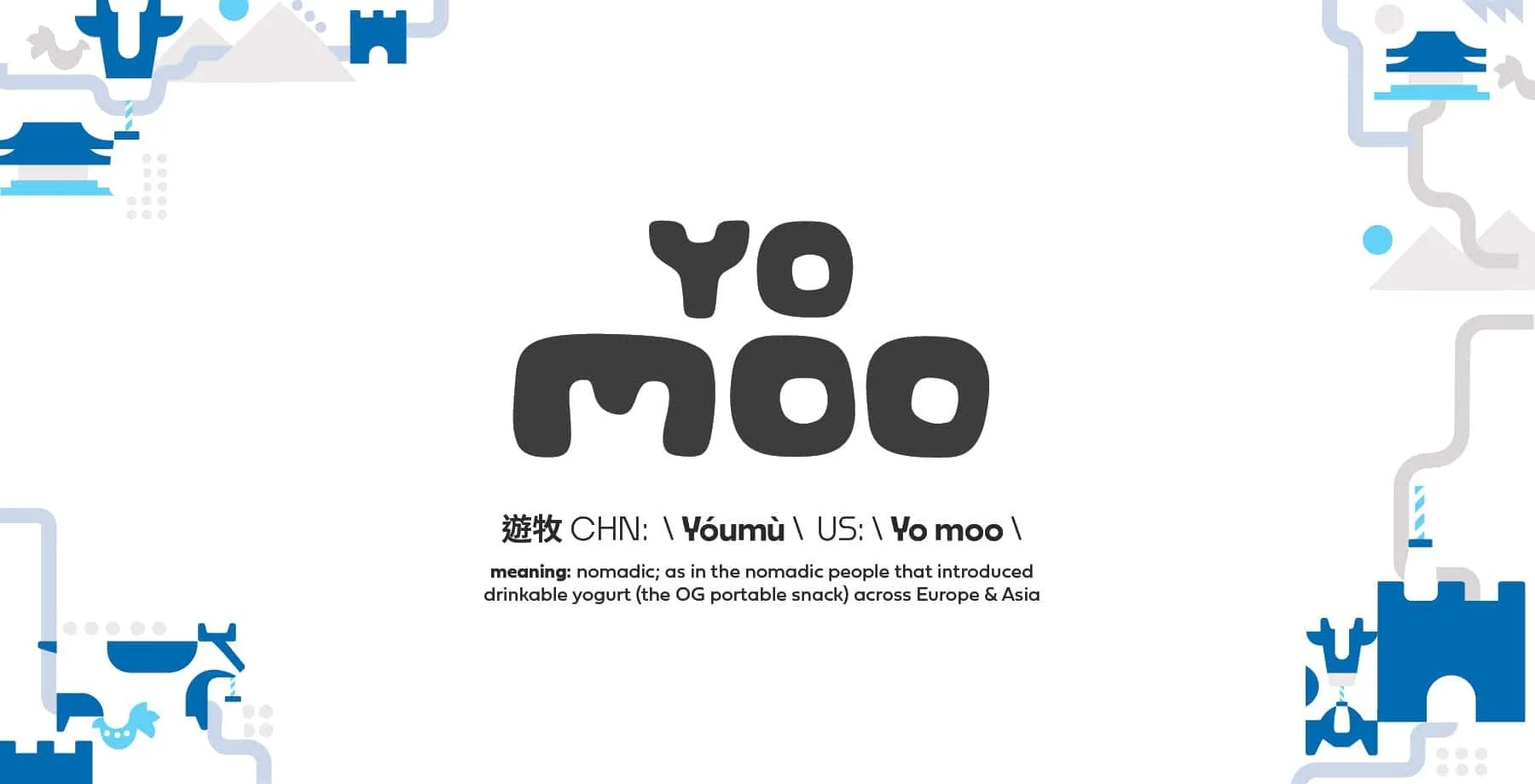 yomoo logo, a bold, thick + creamy logo inspired by the thick + creamy drink. Yomoo comes from the mandarin word youmu, meaning nomadic; as in the nomadic people that introduced drinkable yogurt (the OG portable snack) across Europe + Asia