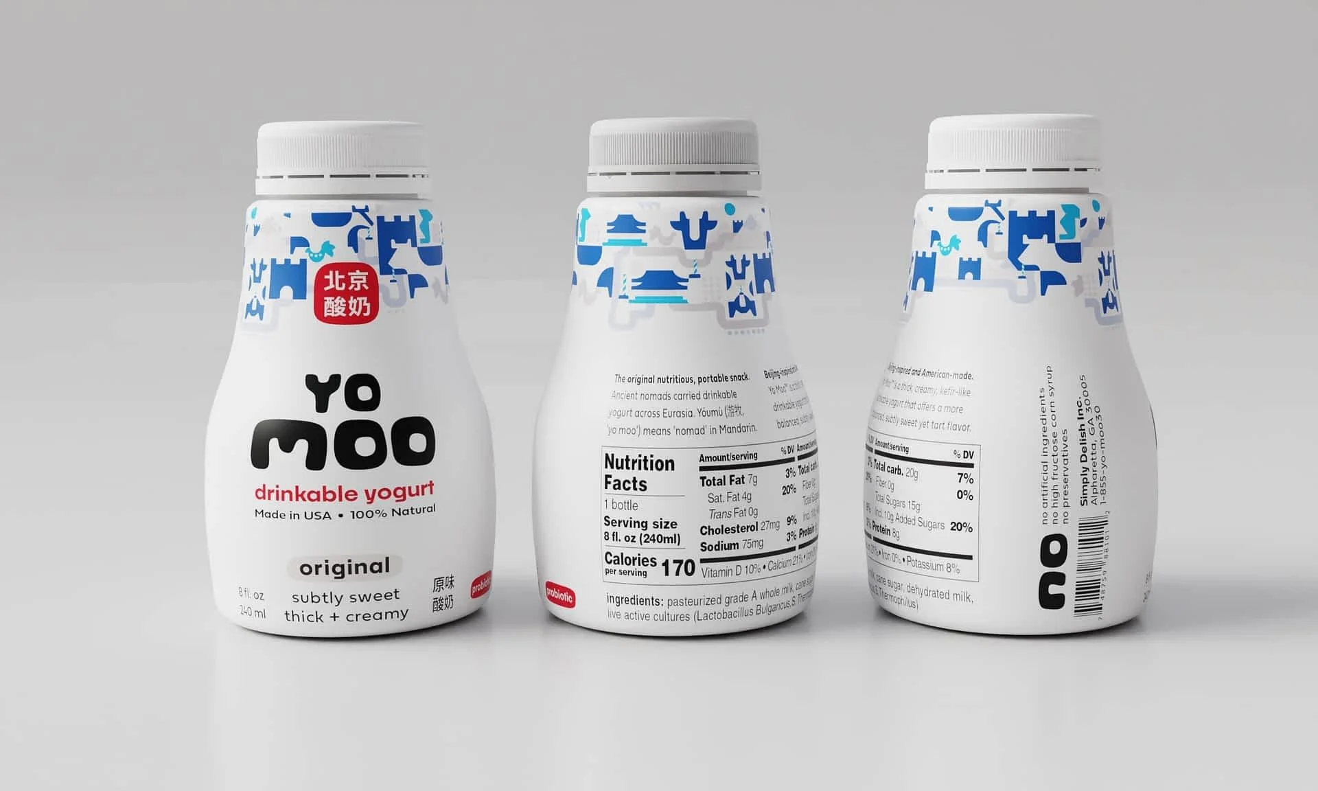 Front and side panels of Yomoo brand drinkable yogurt packaging.