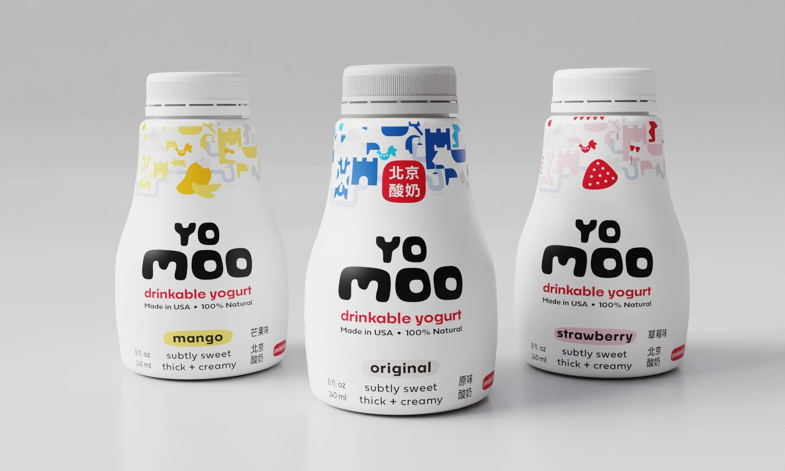 Original packaging design for three flavors of drinkable yogurt, mango, original, and strawberry.