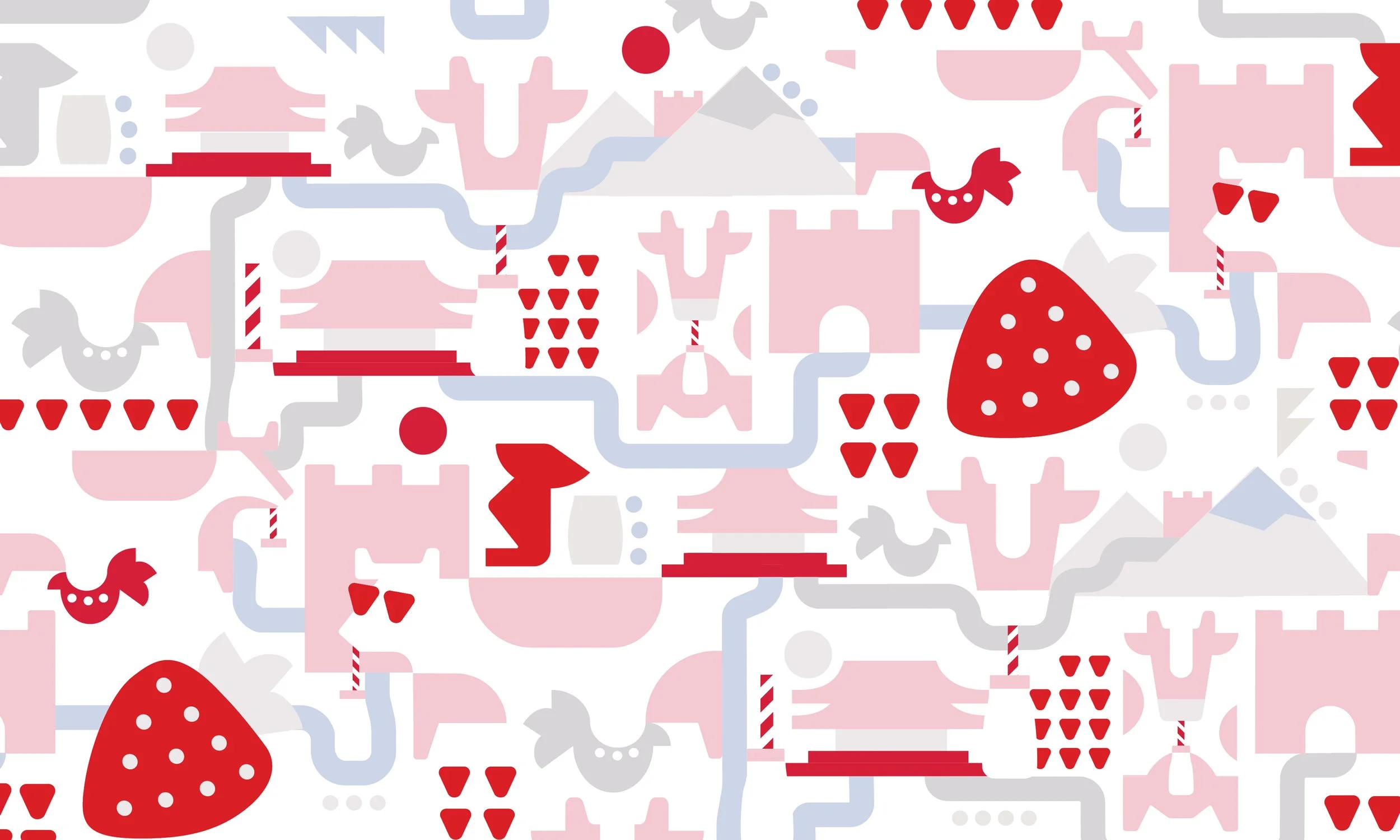 Custom strawberry flavor illustration featuring iconographic cows, imagery of the great wall and forbidden city, with quirky strawberry illustrations.