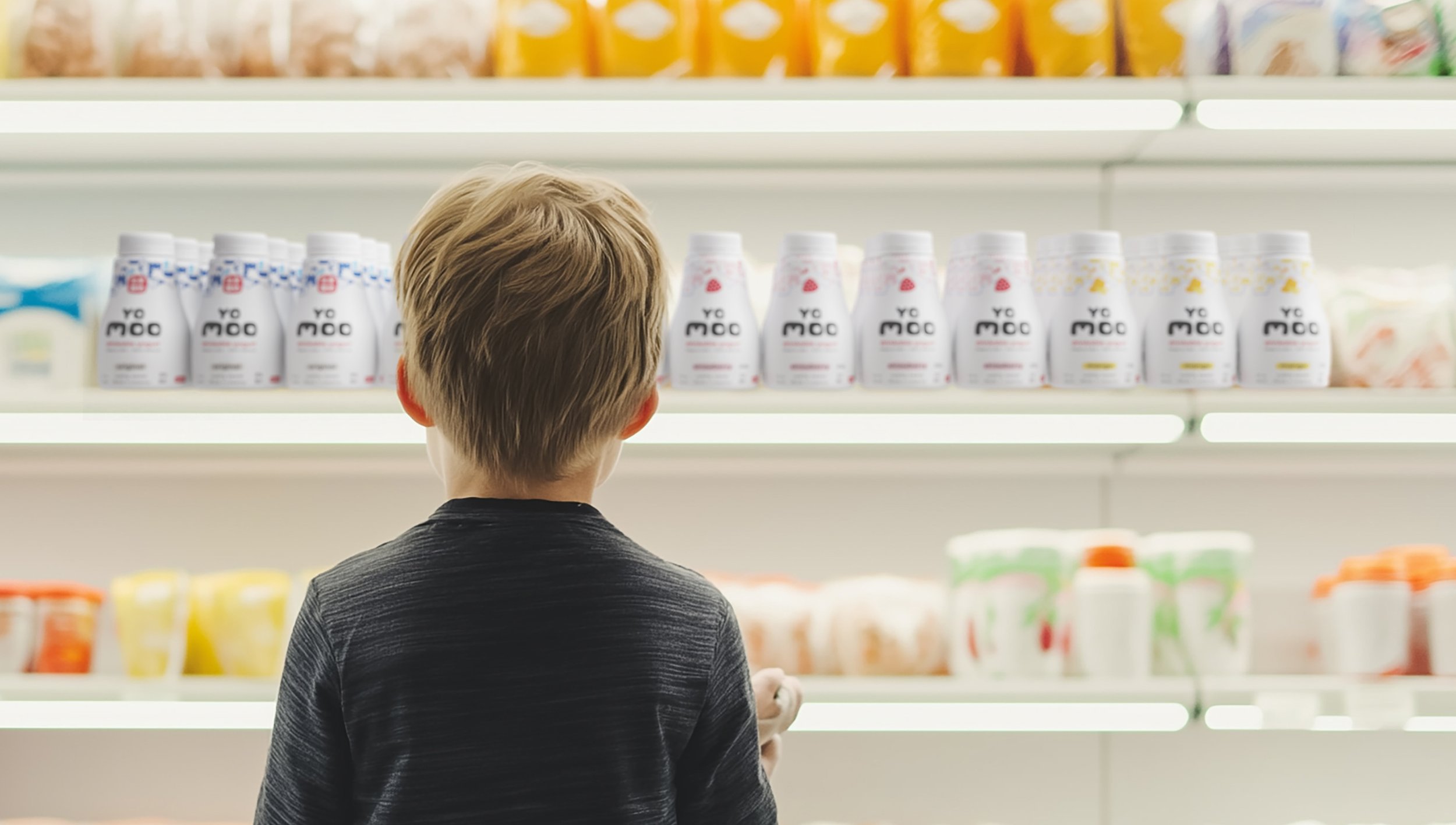 yomoo drinkable yogurt packaging mockup featuring a kid looking at the product on the grocery shelf