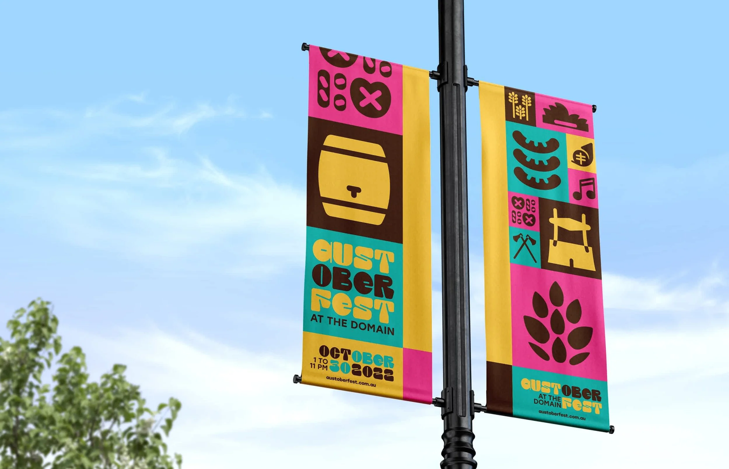 austoberfest branded lampost flags signage with icons