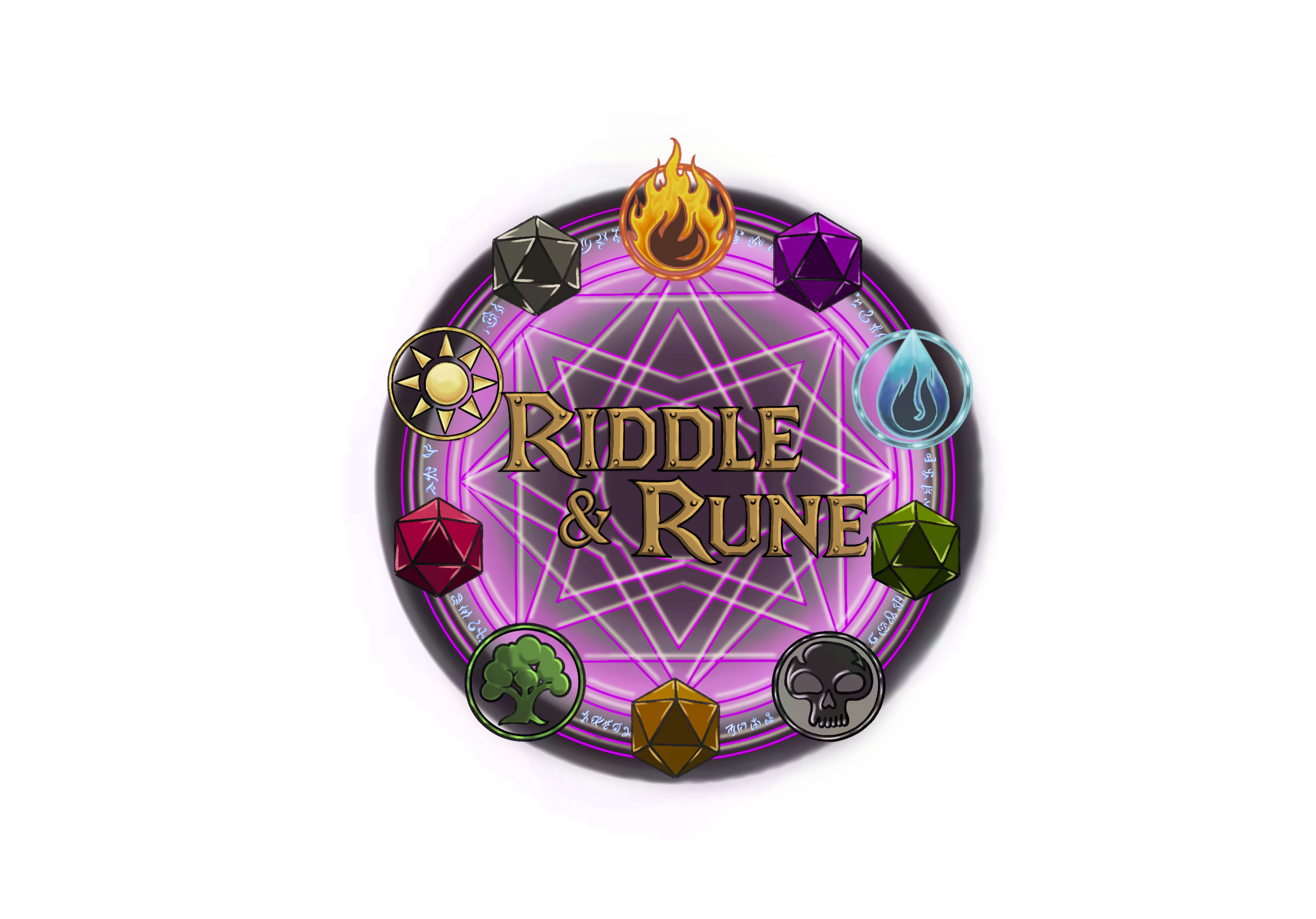 A fantasy-themed logo with the words "RIDDLE & RUNE" in the center, surrounded by eight colorful 20-sided dice and a magical circular symbol with glowing runes on a black background.