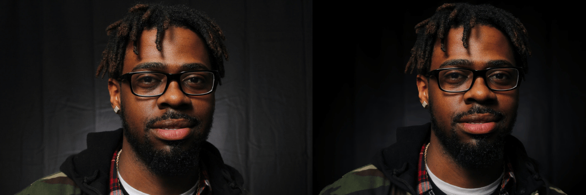 Comparison photo of a young man with glasses, facial hair, and dreadlocks, wearing a checkered shirt, black hoodie, and a jacket, against a black background.