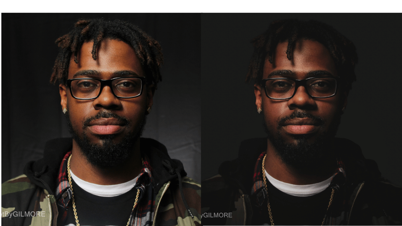 A portrait of a young man with glasses and dreadlocks, wearing a camouflage jacket and jewelry, with a dark background. The right side of the image is a darker, more shadowed version of the original.