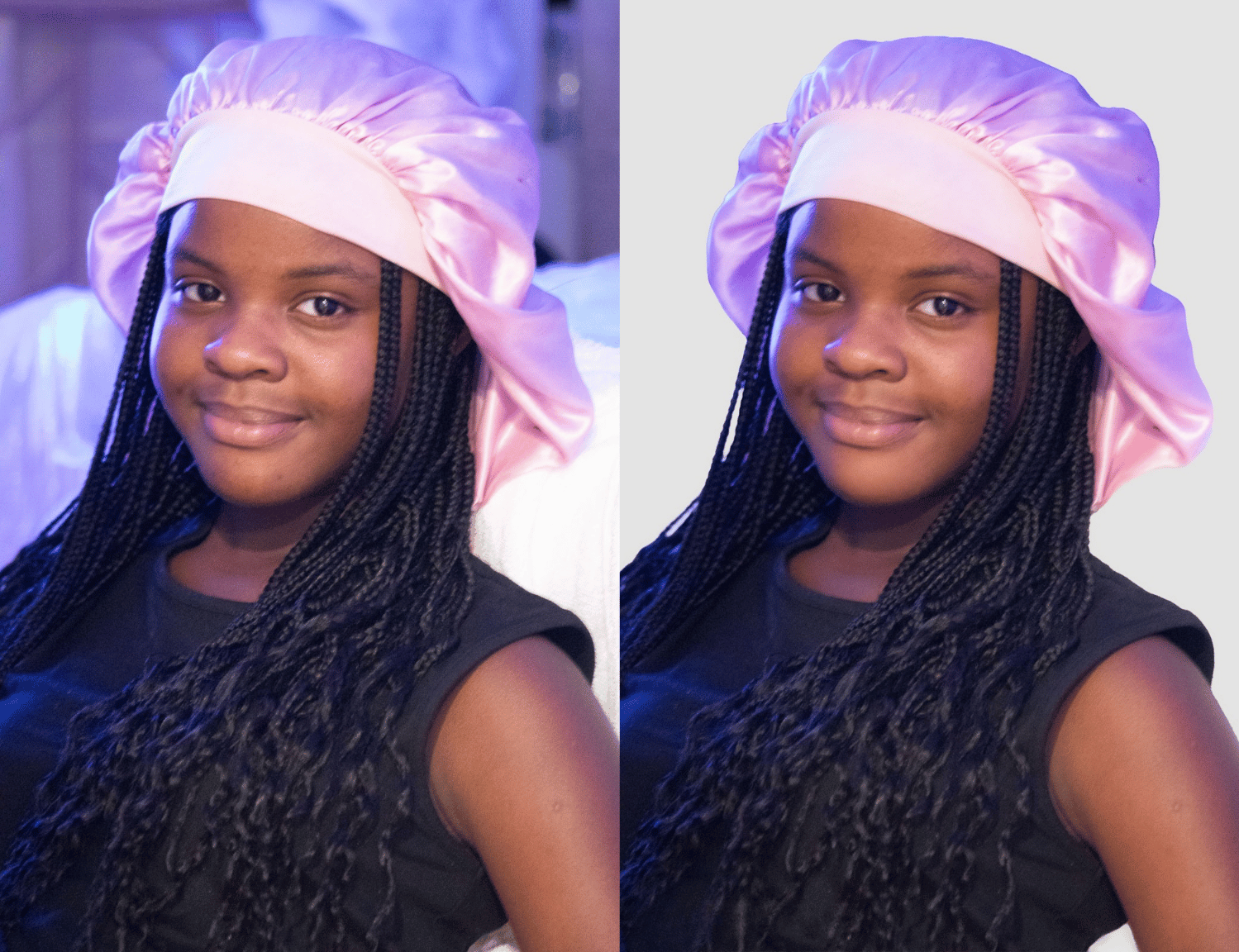 A young girl with braids wearing a pink satin bonnet and black sleeveless top, smiling at the camera, with a blurred background on the left and a white background on the right.
