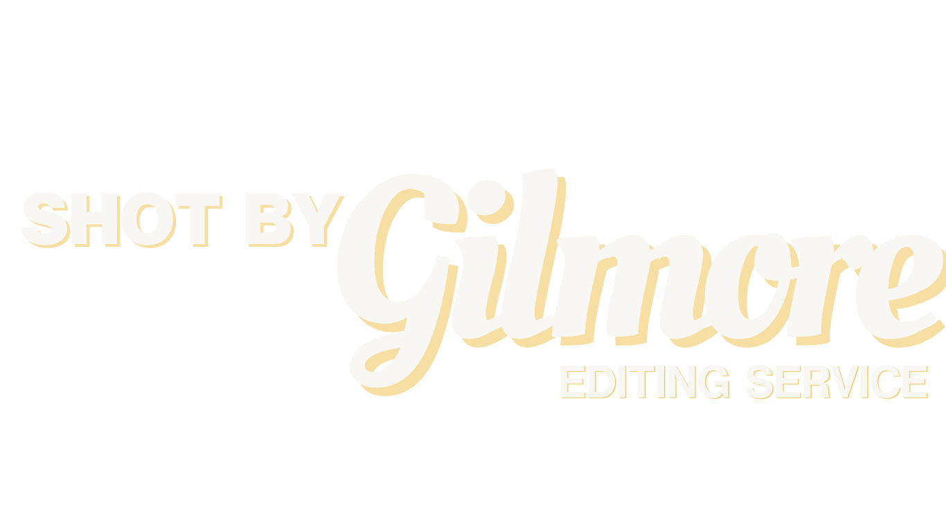Graphic text that reads "Shot by Gilmore Editing Service" with a black background and white and gold lettering.