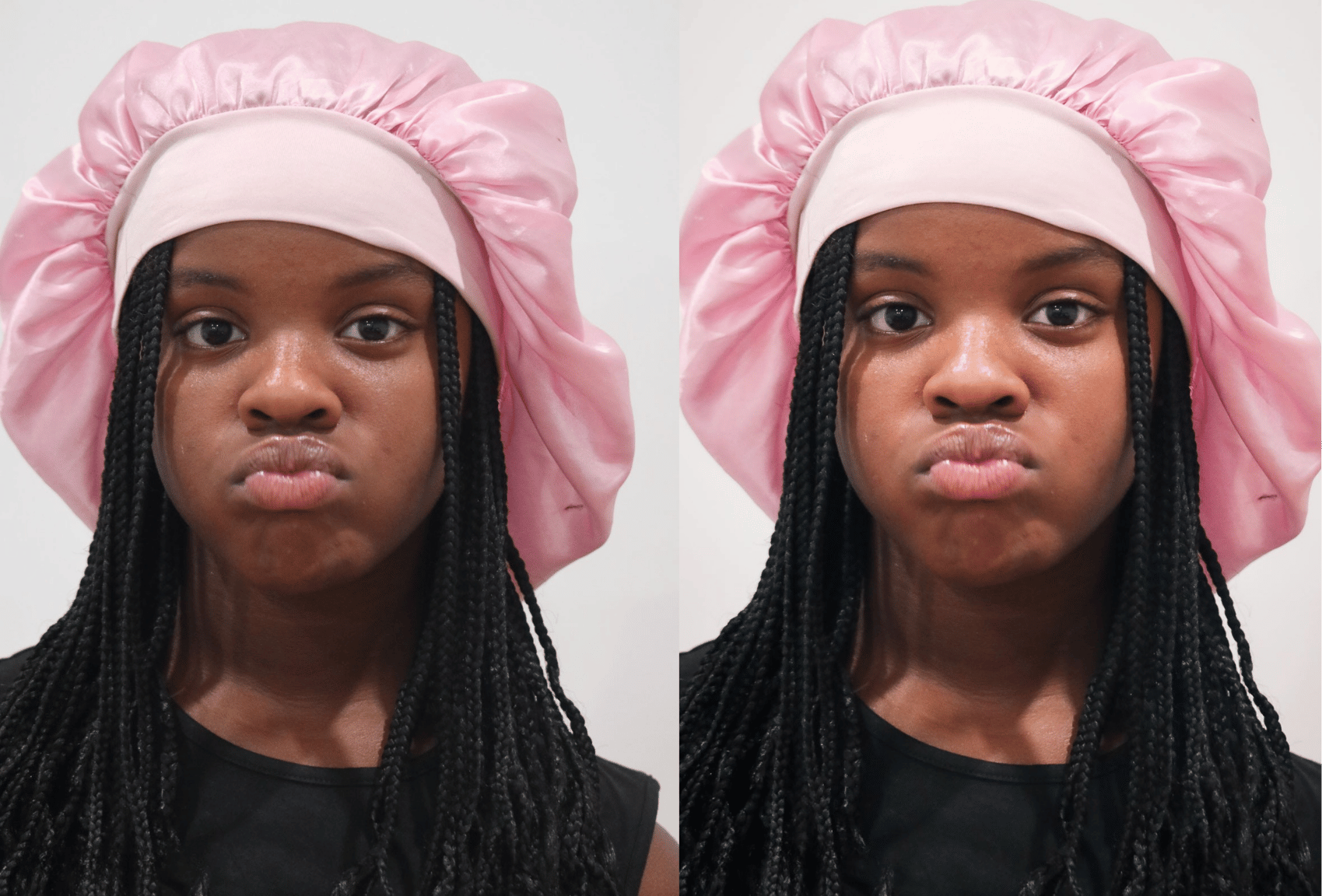 A side-by-side comparison of two photos of a young woman with braided hair wearing a pink satin bonnet and a black shirt, making a pouty face.